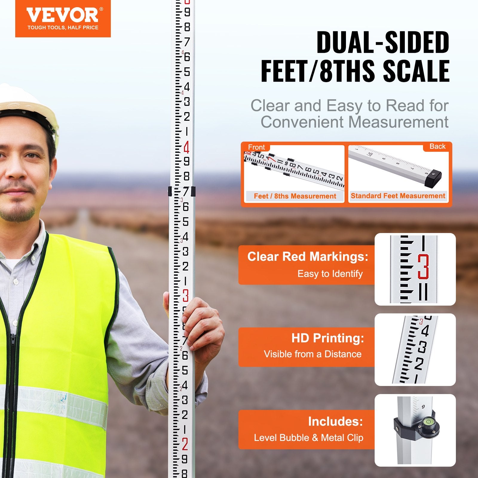 Aluminum Grade Rod, 14-Feet/8ths 4 Sections Telescopic Measuring Rod, Double-Sided Scale 1/8in Leveling Rod V952-YZCLG14YCFEEVMVL0V0