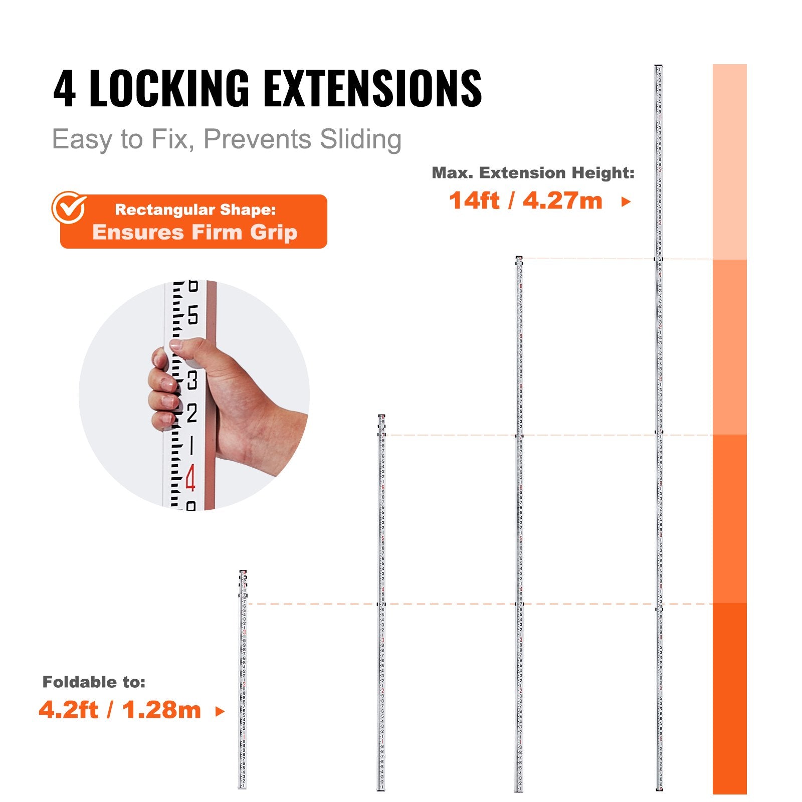 Aluminum Grade Rod, 14-Feet/8ths 4 Sections Telescopic Measuring Rod, Double-Sided Scale 1/8in Leveling Rod V952-YZCLG14YCFEEVMVL0V0