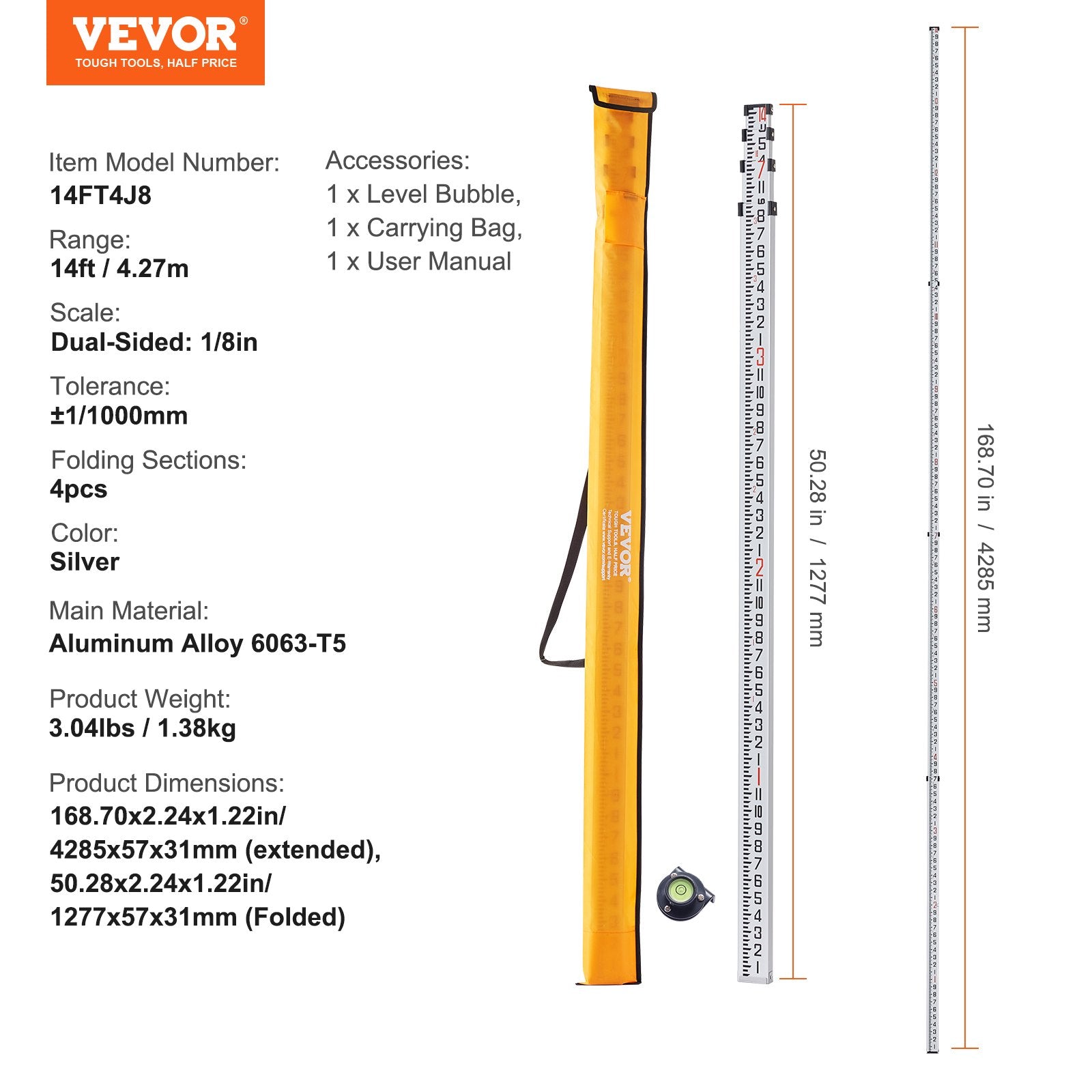 Aluminum Grade Rod, 14-Feet/8ths 4 Sections Telescopic Measuring Rod, Double-Sided Scale 1/8in Leveling Rod V952-YZCLG14YCFEEVMVL0V0