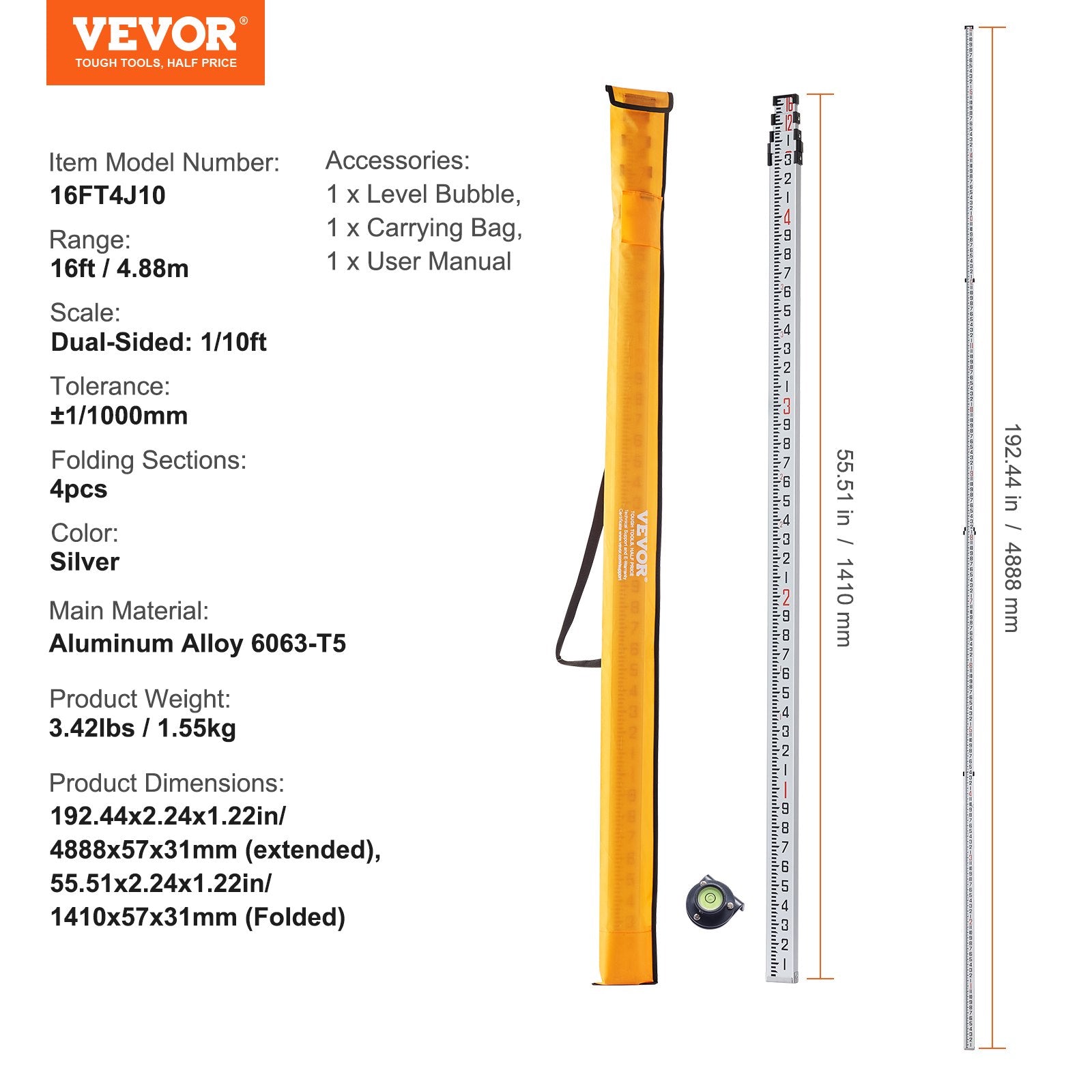 Measuring Rod 16-Feet/10ths 4 Sections Telescopic Grade Rod 1/10ft w/ Bag V952-YZCLG16YCFEE7GXUHV0