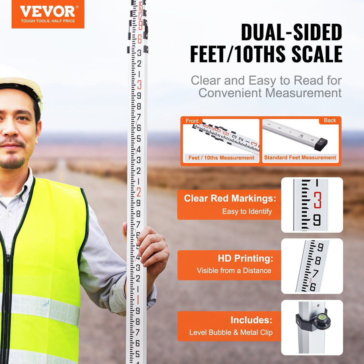 Aluminum Grade Rod, 18-Feet/10ths 6 Sections Telescopic Measuring Rod,Double-Sided Scale 1/10ft Leveling Rod V952-YZCLG18YCFEEKTCTHV0