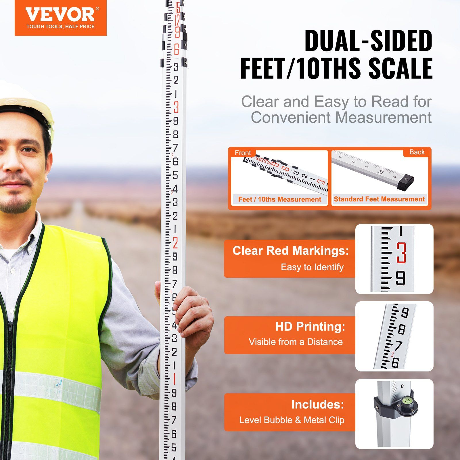 Aluminum Grade Rod, 18-Feet/10ths 6 Sections Telescopic Measuring Rod,Double-Sided Scale 1/10ft Leveling Rod V952-YZCLG18YCFEEKTCTHV0