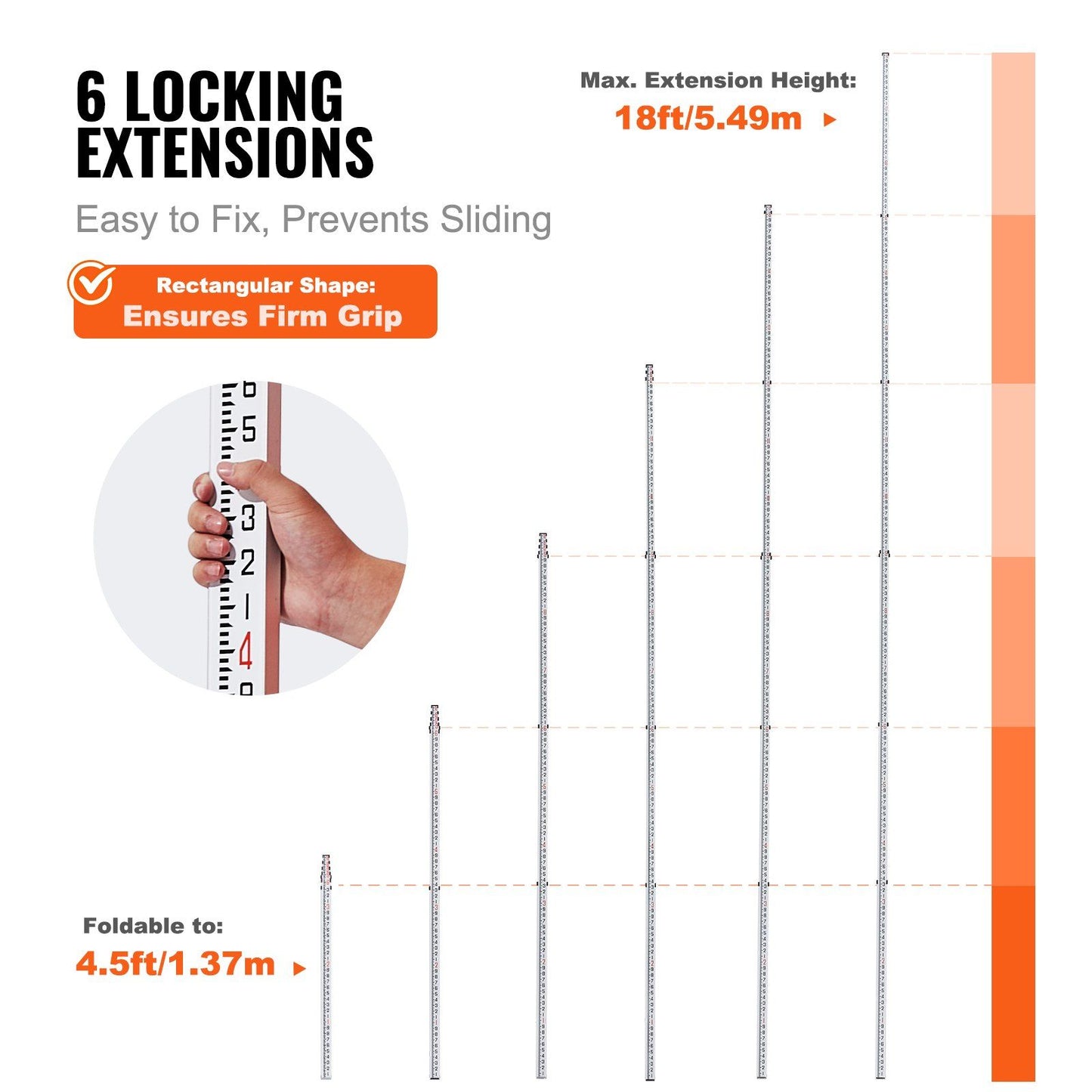 Aluminum Grade Rod, 18-Feet/10ths 6 Sections Telescopic Measuring Rod,Double-Sided Scale 1/10ft Leveling Rod V952-YZCLG18YCFEEKTCTHV0