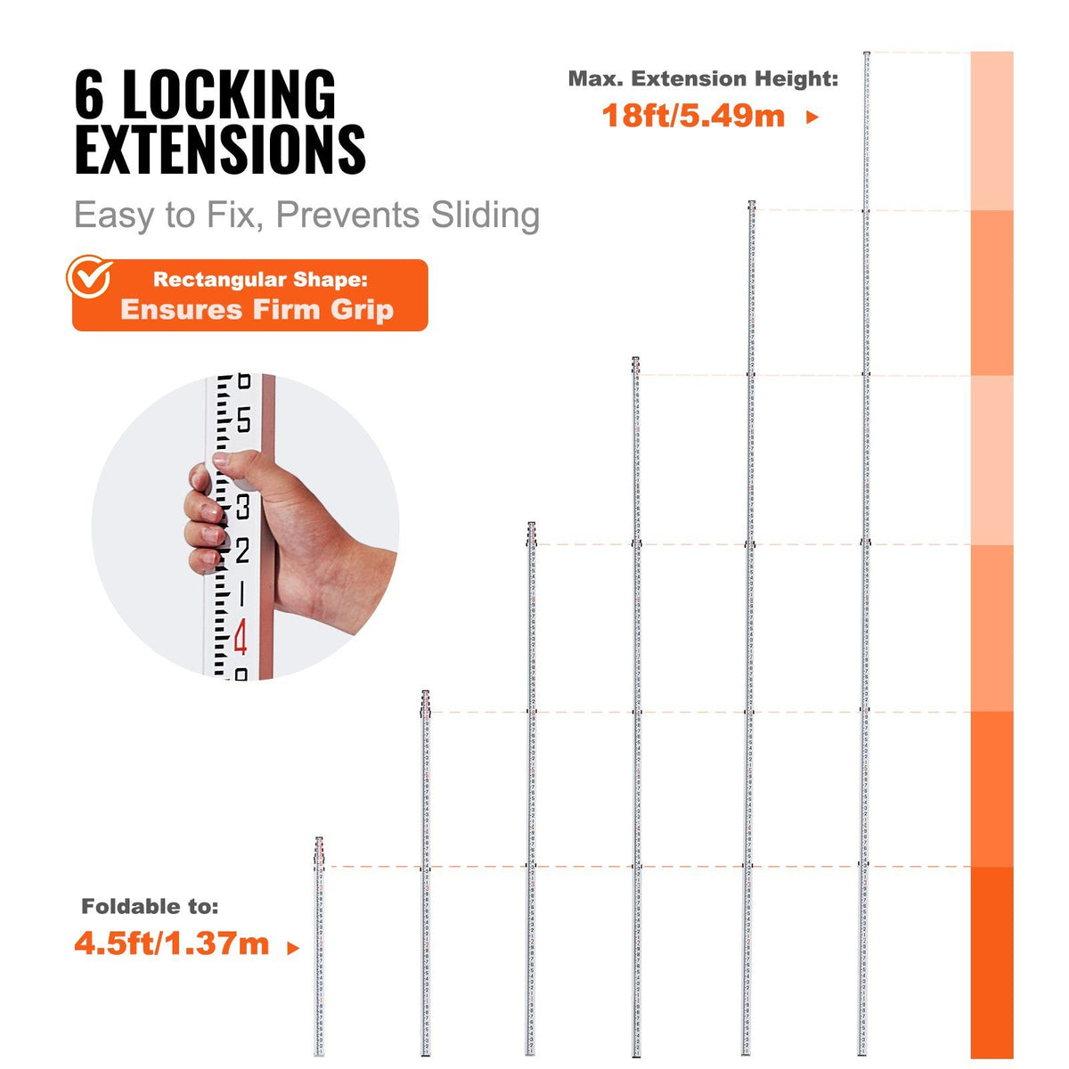 Aluminum Grade Rod, 18-Feet/10ths 6 Sections Telescopic Measuring Rod,Double-Sided Scale 1/10ft Leveling Rod V952-YZCLG18YCFEEKTCTHV0