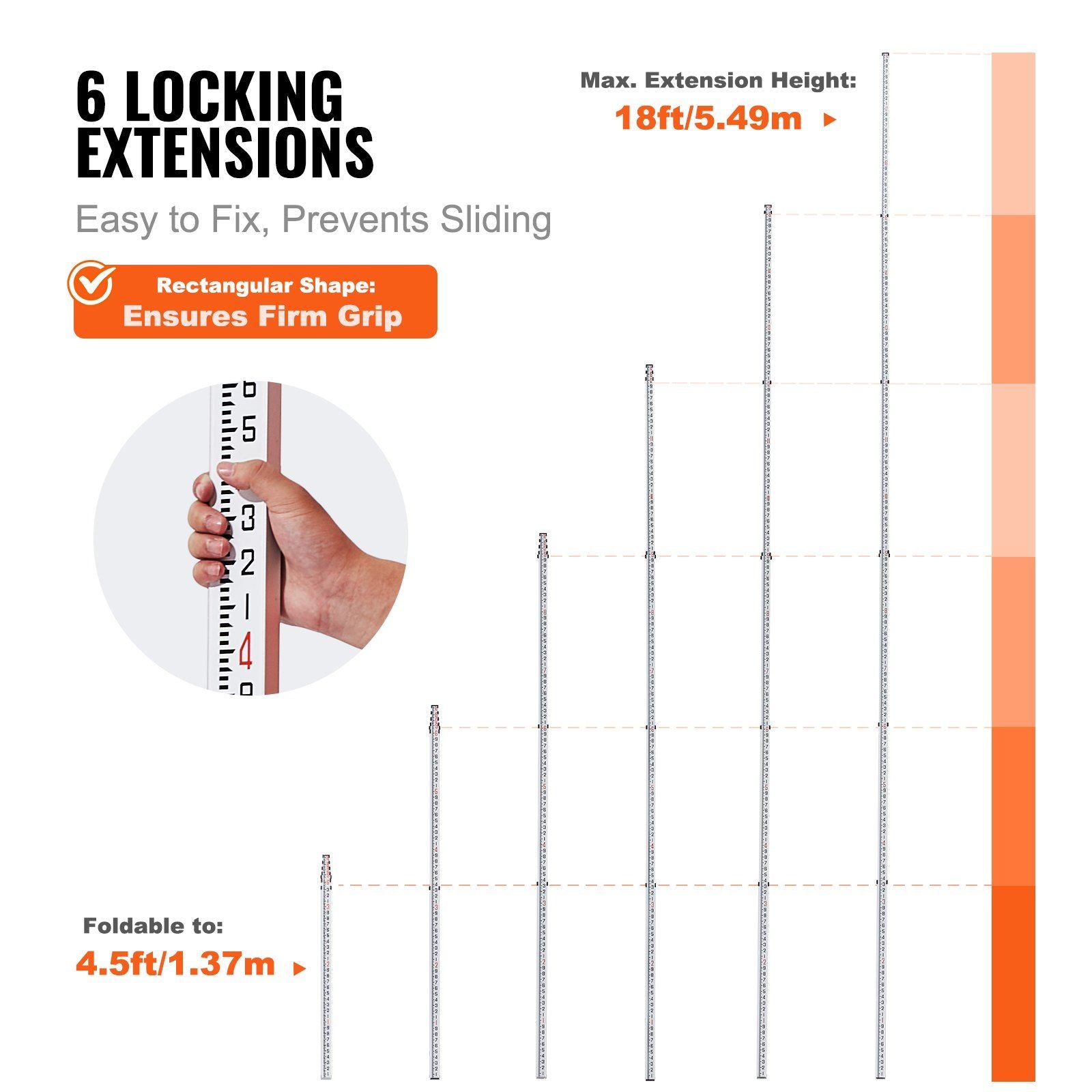 Aluminum Grade Rod, 18-Feet/10ths 6 Sections Telescopic Measuring Rod,Double-Sided Scale 1/10ft Leveling Rod V952-YZCLG18YCFEEKTCTHV0
