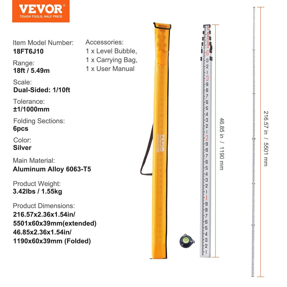 Aluminum Grade Rod, 18-Feet/10ths 6 Sections Telescopic Measuring Rod,Double-Sided Scale 1/10ft Leveling Rod V952-YZCLG18YCFEEKTCTHV0