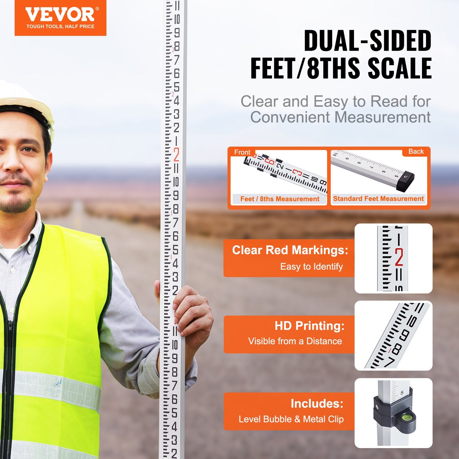 Aluminum Grade Rod, 9-Feet/8ths 3 Sections Telescopic Measuring Rod, Double-Sided Scale 1/8in Leveling Rod V952-YZCLG9YCFEETZ18PHV0