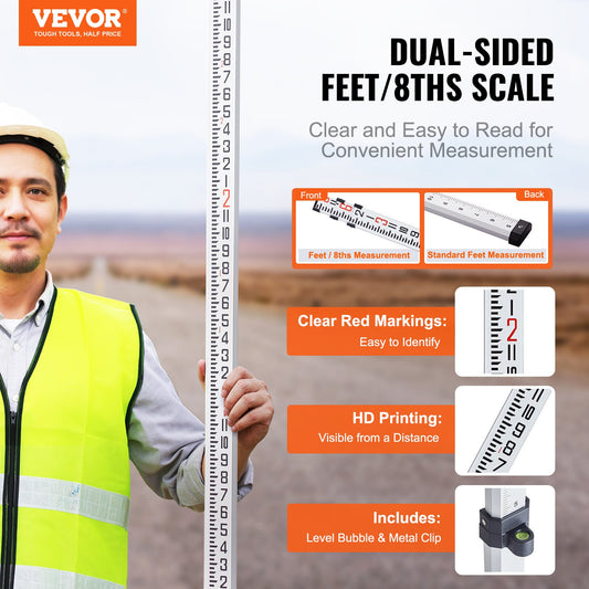 Aluminum Grade Rod, 9-Feet/8ths 3 Sections Telescopic Measuring Rod, Double-Sided Scale 1/8in Leveling Rod V952-YZCLG9YCFEETZ18PHV0