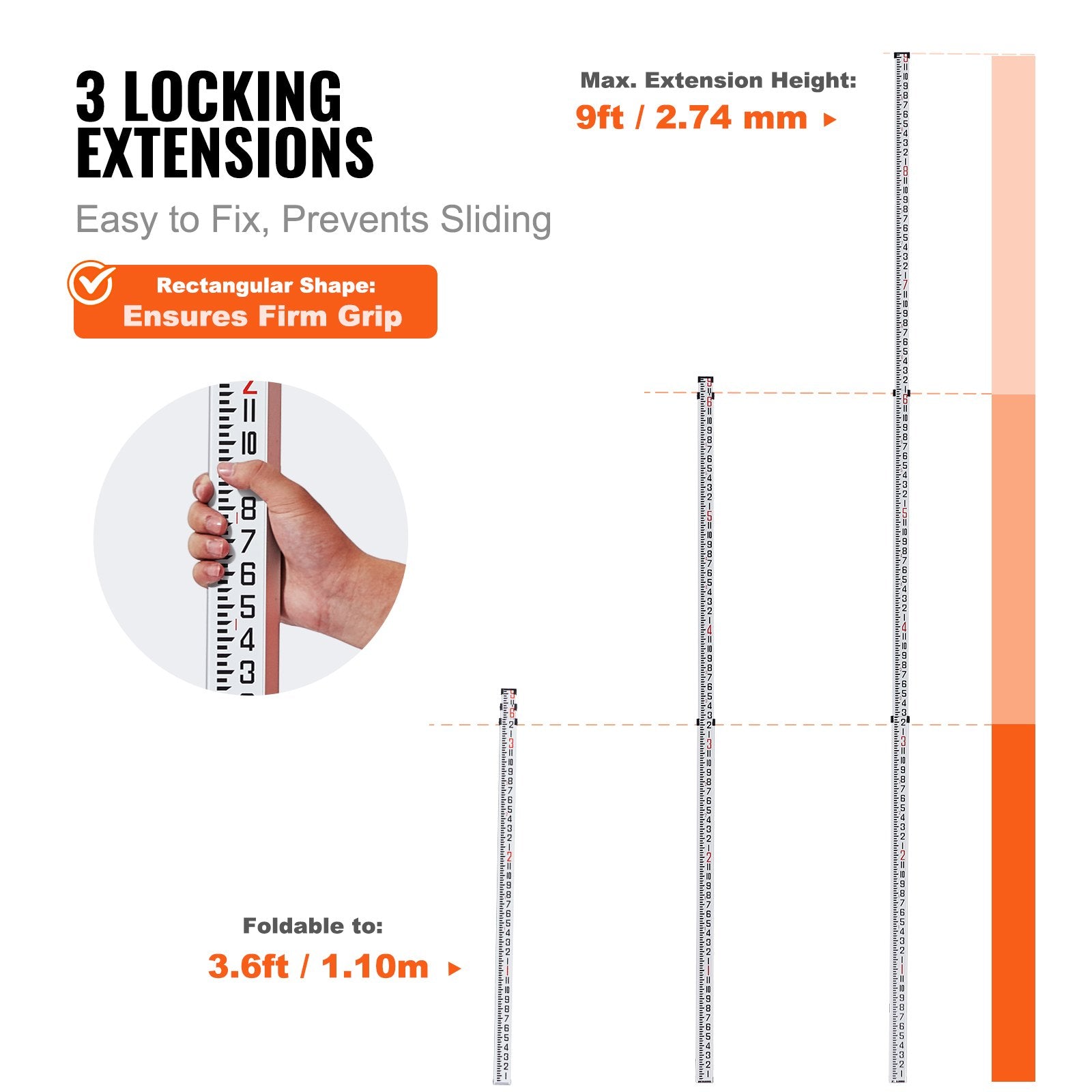 Aluminum Grade Rod, 9-Feet/8ths 3 Sections Telescopic Measuring Rod, Double-Sided Scale 1/8in Leveling Rod V952-YZCLG9YCFEETZ18PHV0