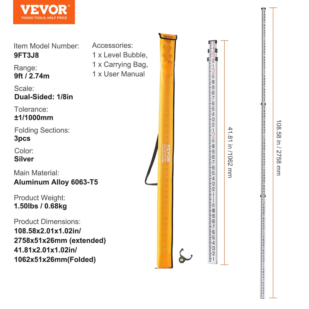 Aluminum Grade Rod, 9-Feet/8ths 3 Sections Telescopic Measuring Rod, Double-Sided Scale 1/8in Leveling Rod V952-YZCLG9YCFEETZ18PHV0