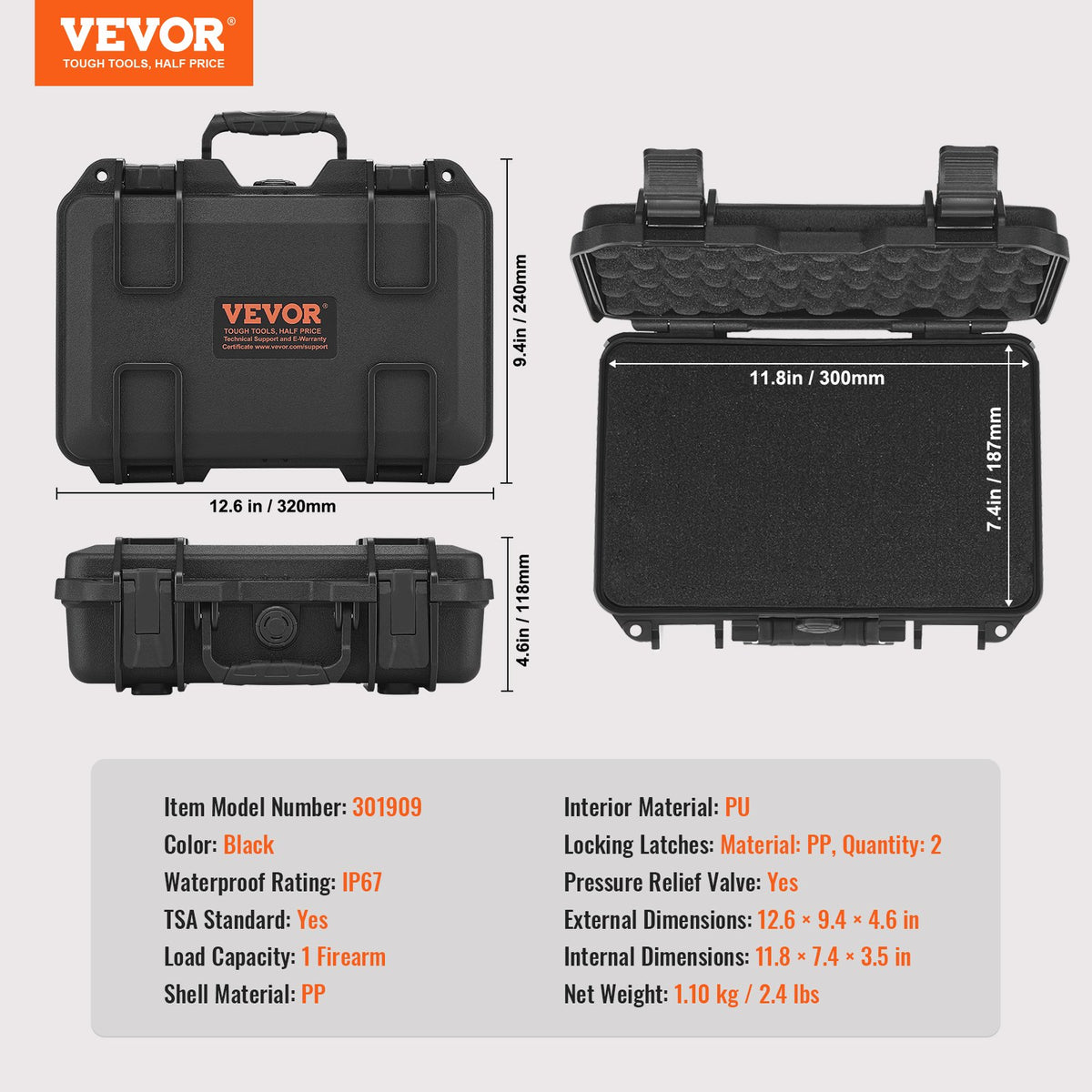 Hard Pistol Cases with Pre-cut PU Foam, Waterproof & Dustproof Hard Gun Case for 1 Pistol, 12.59x9.01x4.4 in V952-YZSQHRN1ZQ12G3XK3V0