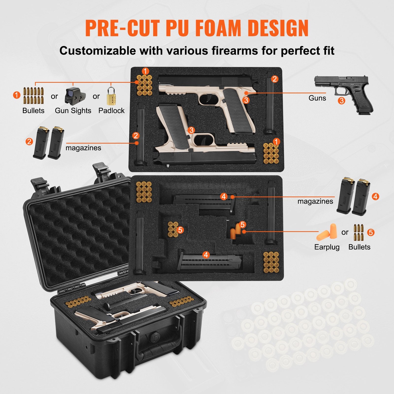 Hard Pistol Cases with Pre-cut PU Foam, Waterproof & Dustproof Hard Gun Case for 2 Pistol, 14.1x11.5x7.6 in V952-YZSQHRN2ZQ14YDCRRV0