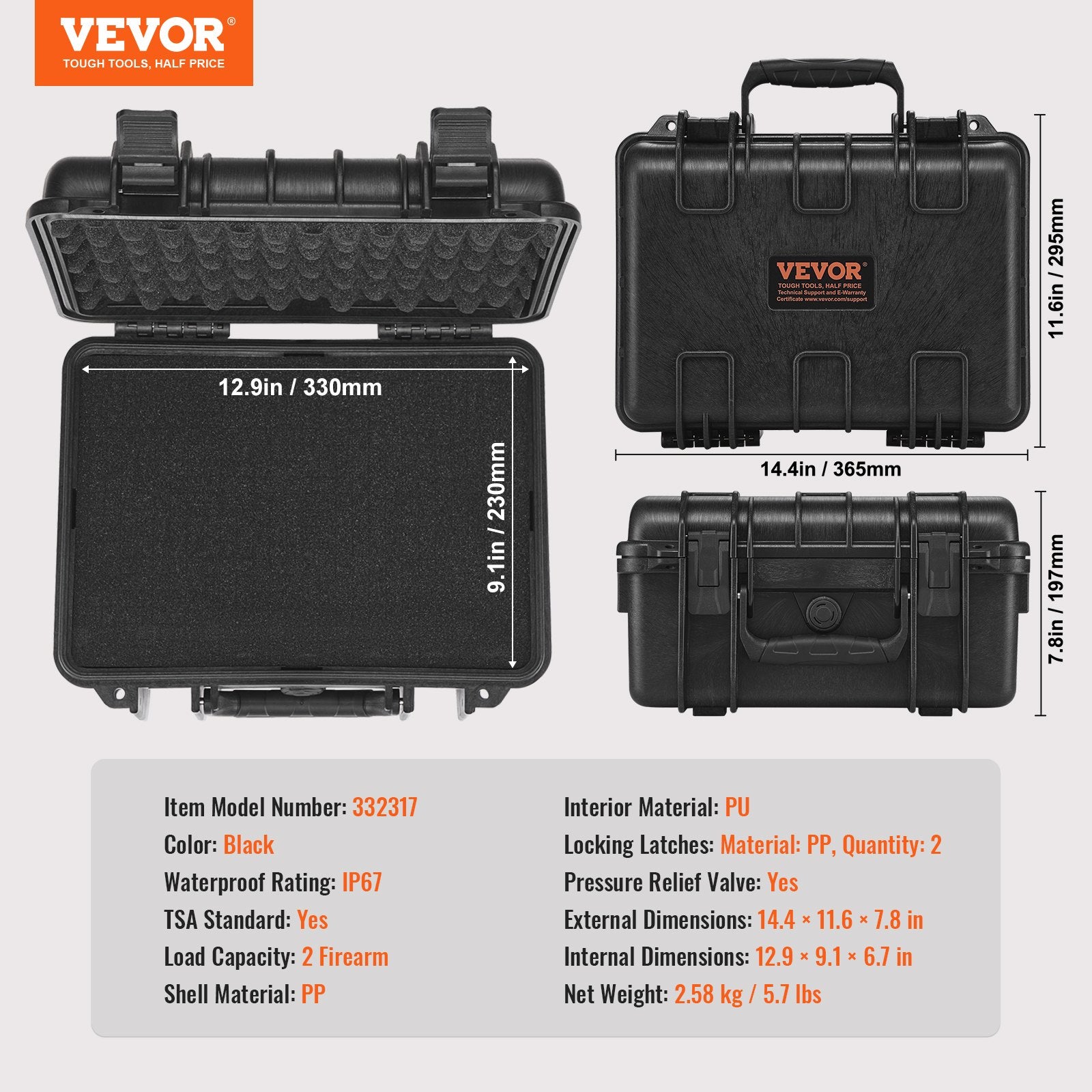 Hard Pistol Cases with Pre-cut PU Foam, Waterproof & Dustproof Hard Gun Case for 2 Pistol, 14.1x11.5x7.6 in V952-YZSQHRN2ZQ14YDCRRV0