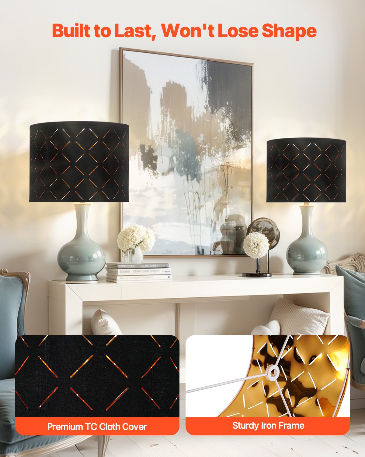 Drum Lamp Shade 2 Set, 33 cm Top x 33 cm Bottom x 25 cm High, Medium Drum Lampshade with Harp, Replacement V952-YZXDZ1310INCEFZ2R001V0