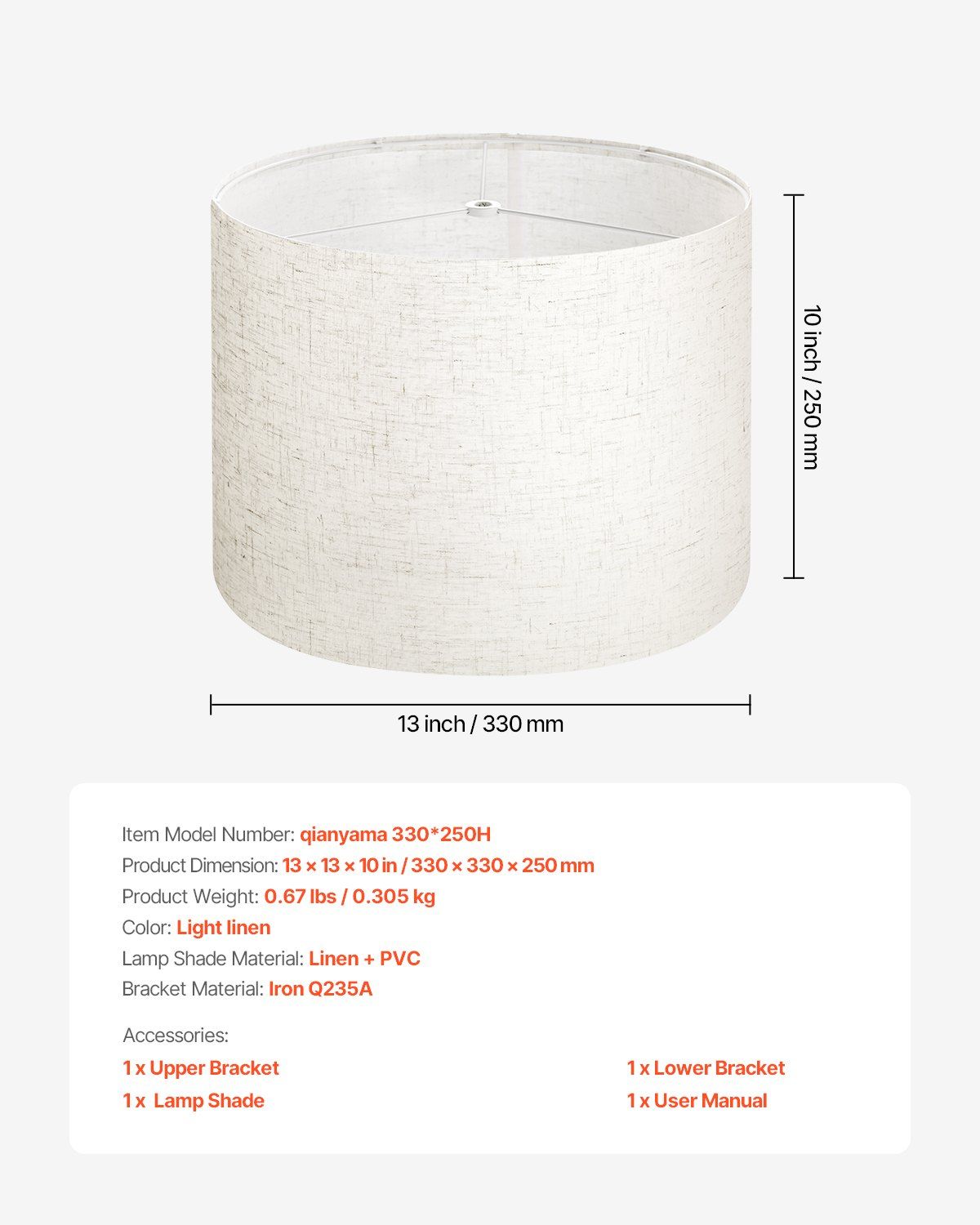 Drum Lamp Shade, 33 cm Top x 33 cm Bottom x 25 cm High, Medium Drum Linen Lampshade, Replacement Lamp Shade V952-YZXDZ1310INCHER8P001V0