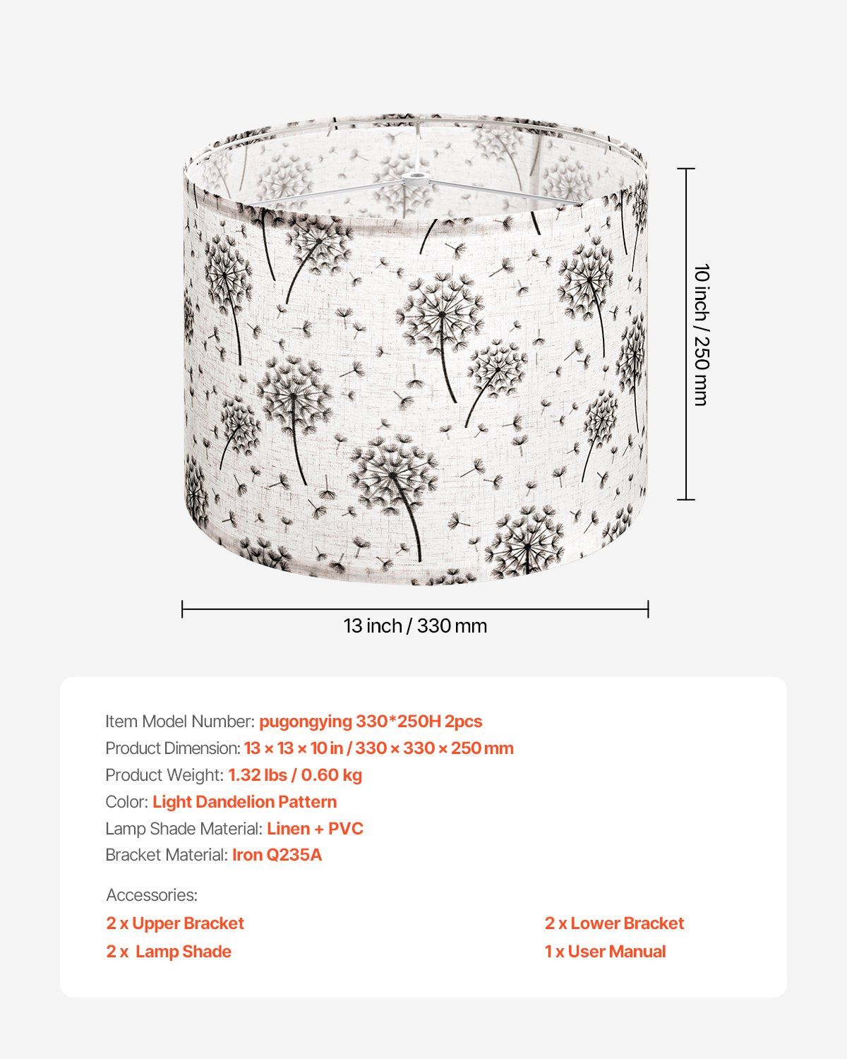 Drum Lamp Shade 2 Set, 33 cm Top x 33 cm Bottom x 25 cm High, Medium Drum Linen Lampshade, Replacement Lamp V952-YZXDZ1310INCHRJOU001V0