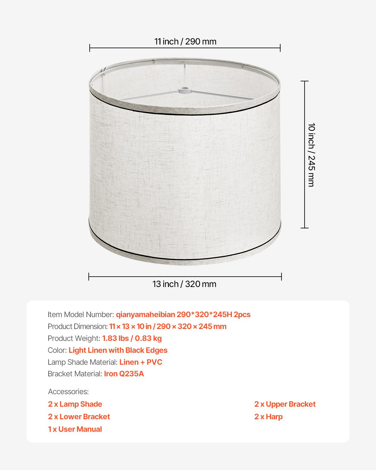 Lamp Shade 2 Set, 29 cm Top x 32 cm Bottom x 24.5 cm High (Spider Fitter), Medium Lampshade with Harp, V952-YZXDZ131110IP0KMC001V0