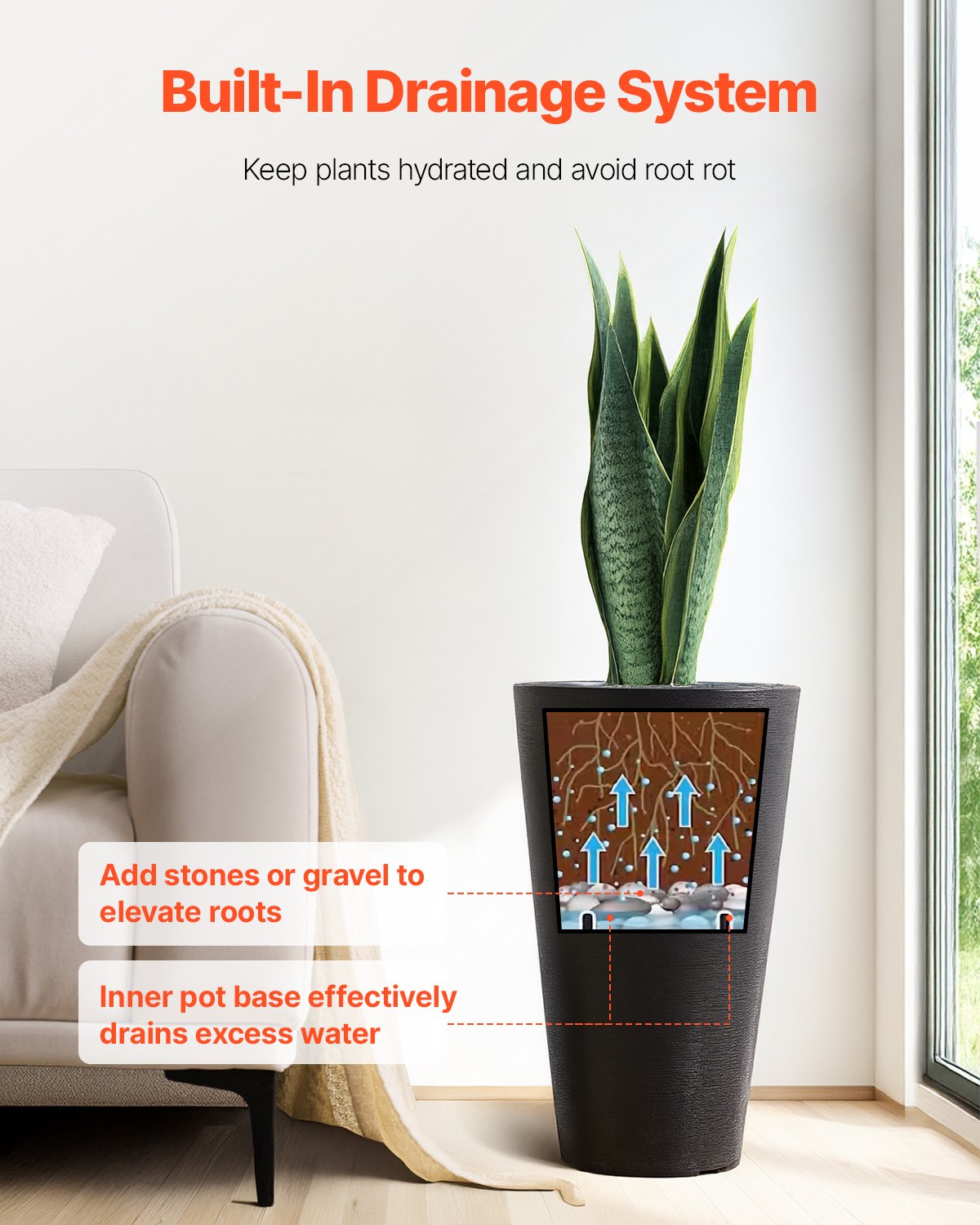 Tall Planter, Set of 2 Tall Round Tapered Planters, 59 cm Large Modern Gardening and Flower Plastic Pots, V952-YZXHS24YCBDT499PJV0
