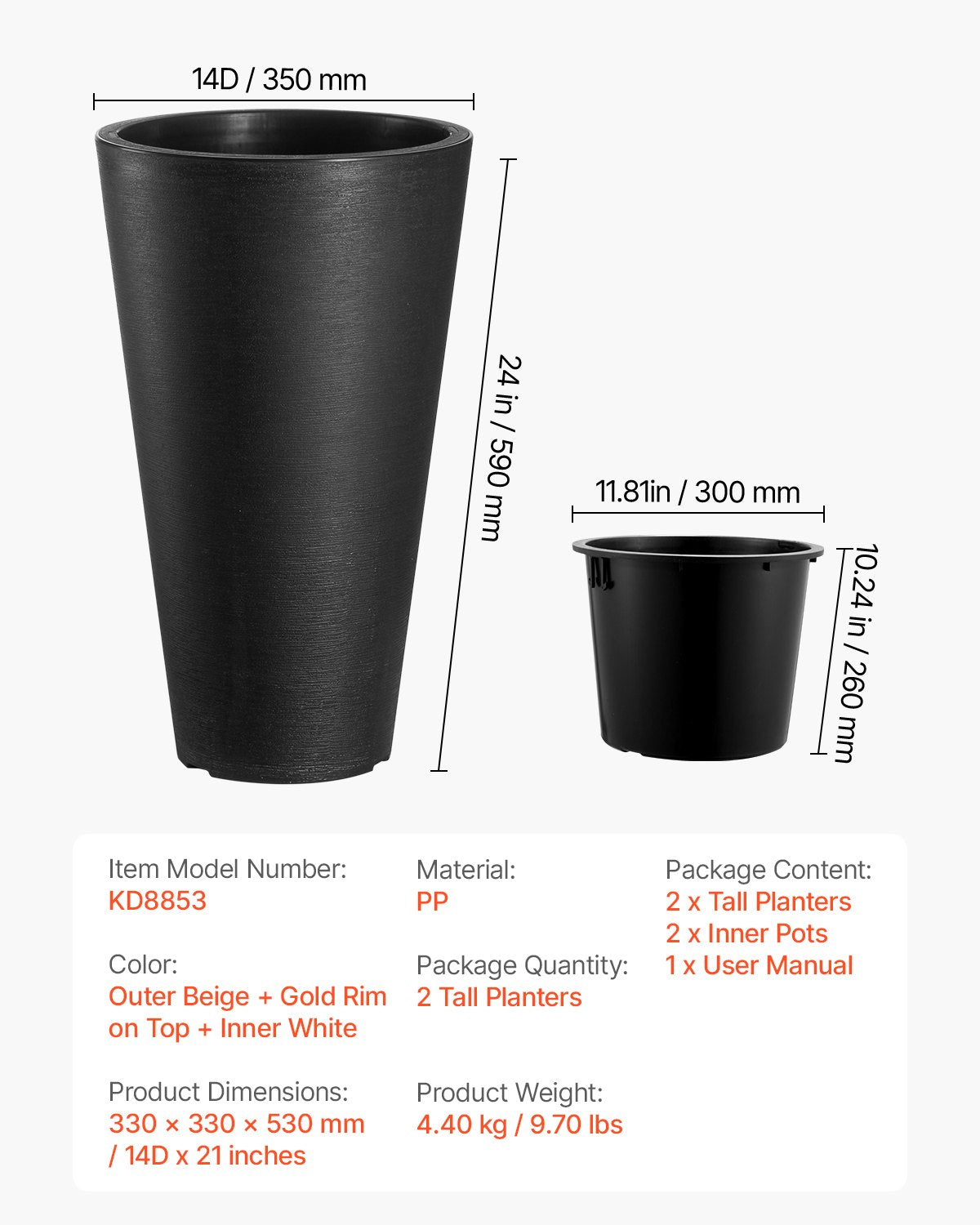 Tall Planter, Set of 2 Tall Round Tapered Planters, 59 cm Large Modern Gardening and Flower Plastic Pots, V952-YZXHS24YCBDT499PJV0