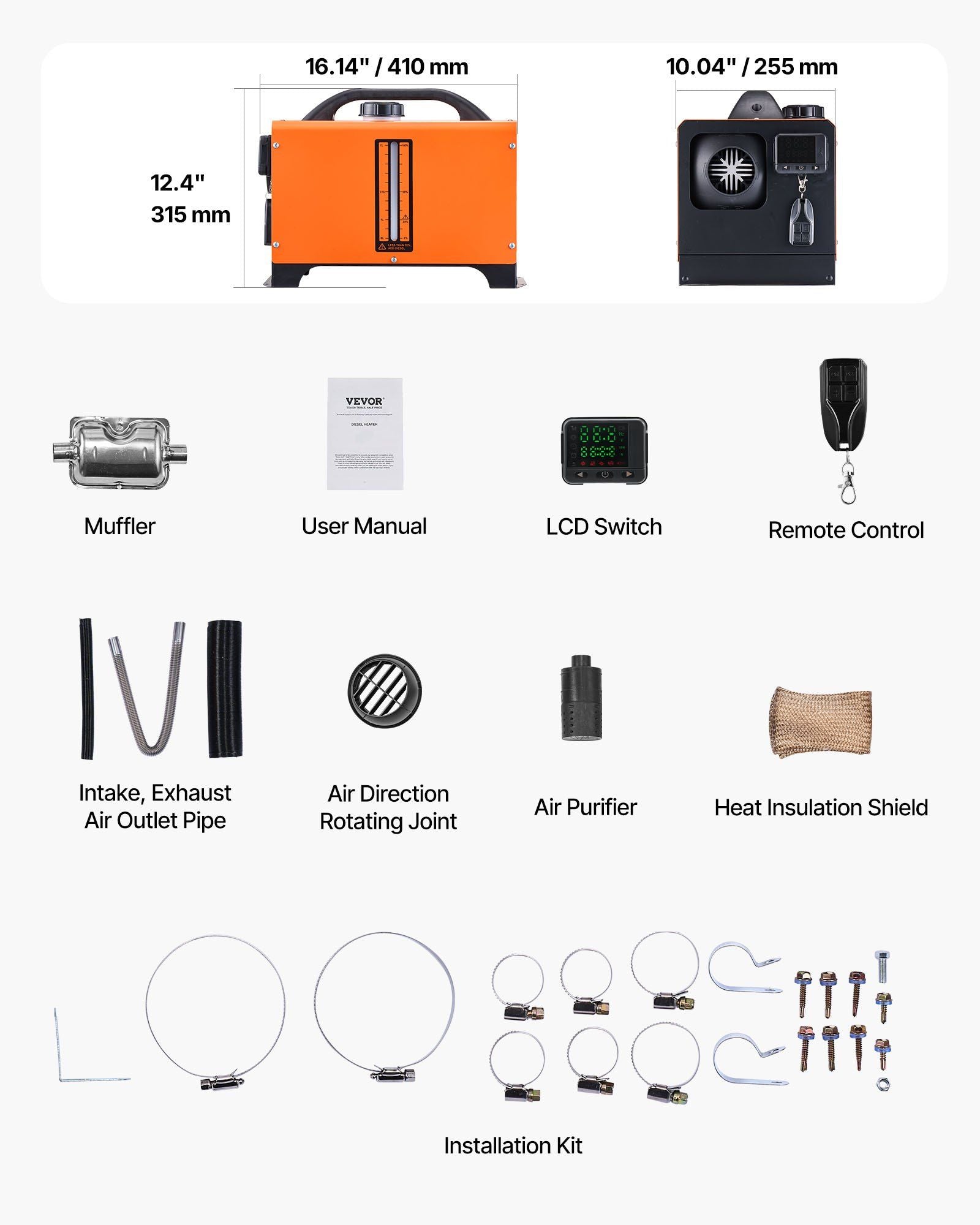 Diesel Air Heater, 8 kW DC12-24V, Fast Heating Diesel Parking Heater with Remote Control and Square Color V952-ZCJRQDC12V8KM839A001V9