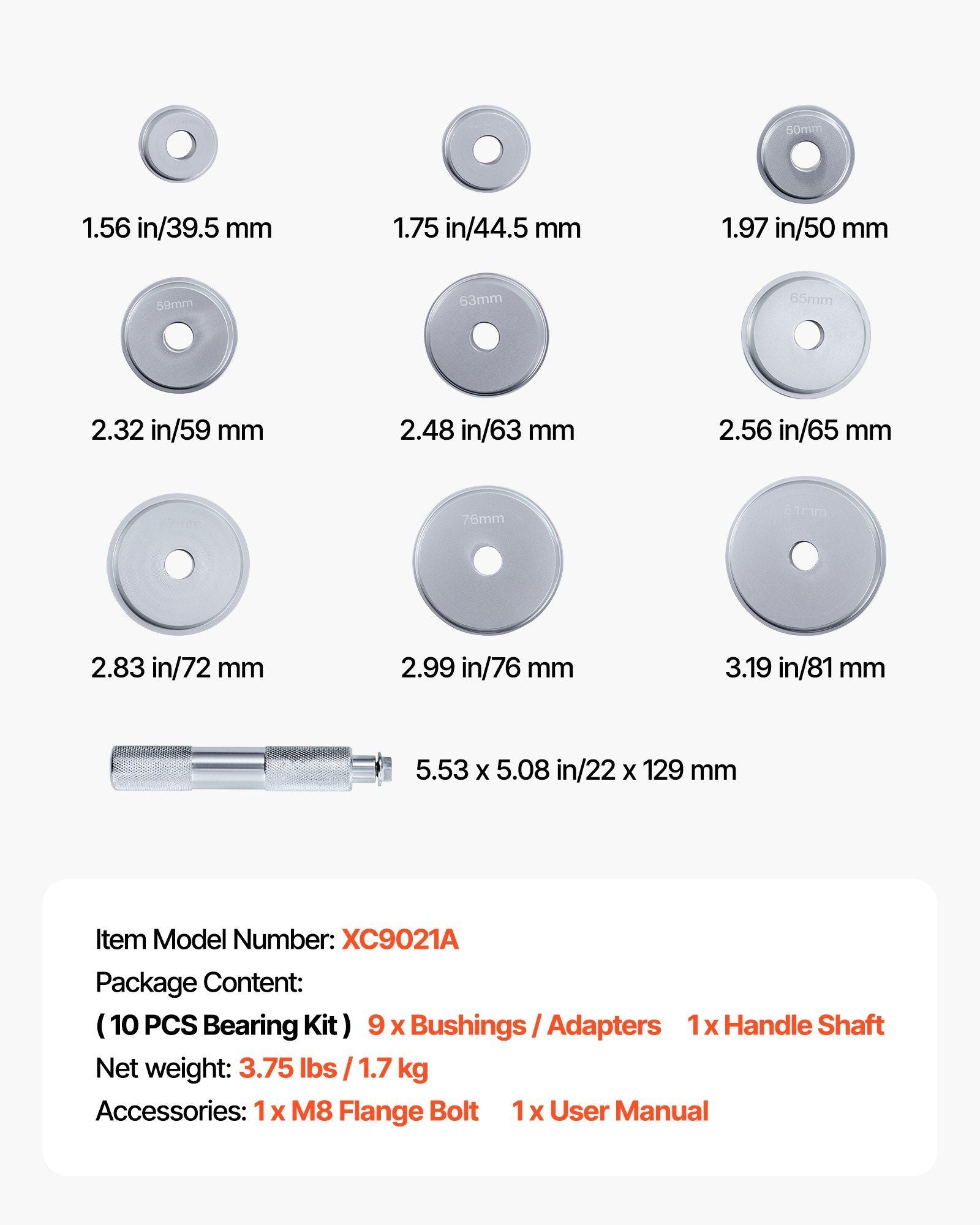 Bearing Press Kit, 10 Pcs, Bearing Race and Seal Driver Set with 9 Bushings and Handle Shaft, Bushing Driver V952-ZCTJ10JTLHJFX2S10001V0