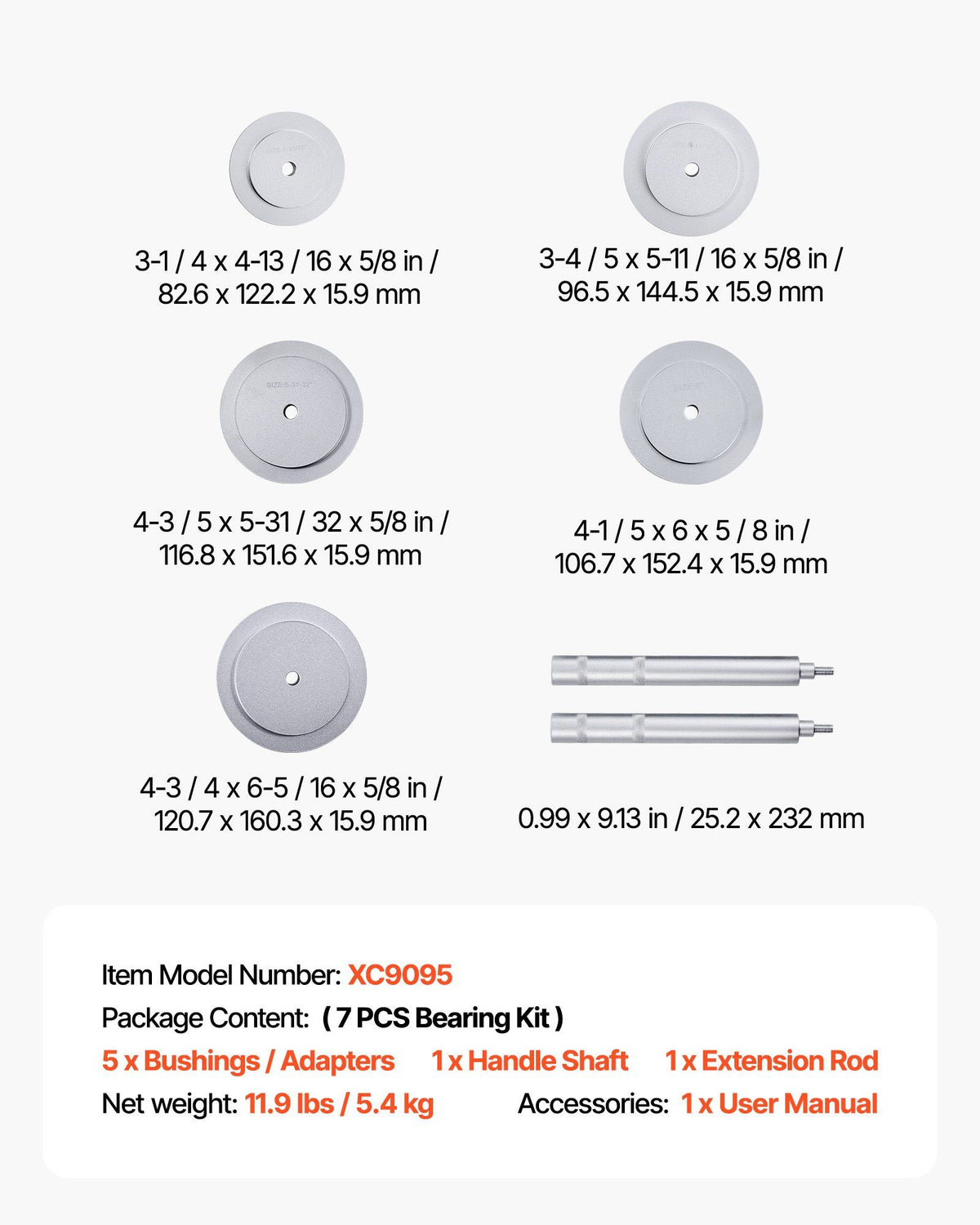 Bearing Press Kit, 7 Pcs, Bearing Race and Seal Driver Set with 5 Bushings, Handle Shaft and Extension Rod, V952-ZCTJ7JTLHJFHBMJ2Q001V0