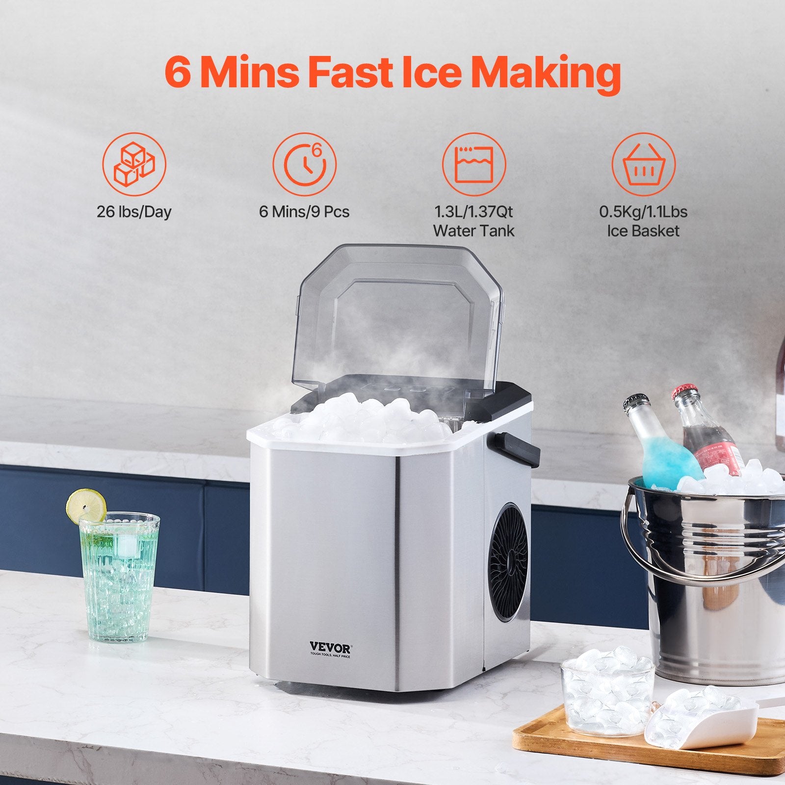 Portable Countertop Ice Maker 26Lbs/24H Self-Cleaning with Scoop Basket V952-ZDBTMSZBJMIN1R5BMV3