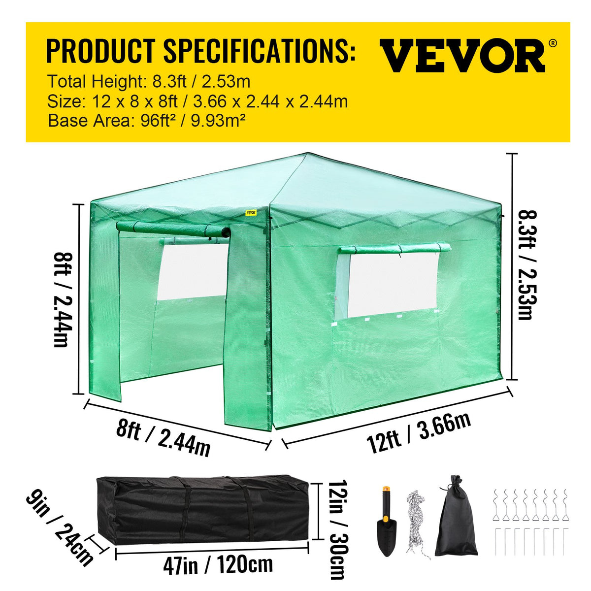 12\'x 8\'x 8\' Pop-Up Greenhouse, Set Up in Minutes, Portable Greenhouse with Doors & Windows. High Strength V952-ZDBXSHYW-128814R5V0