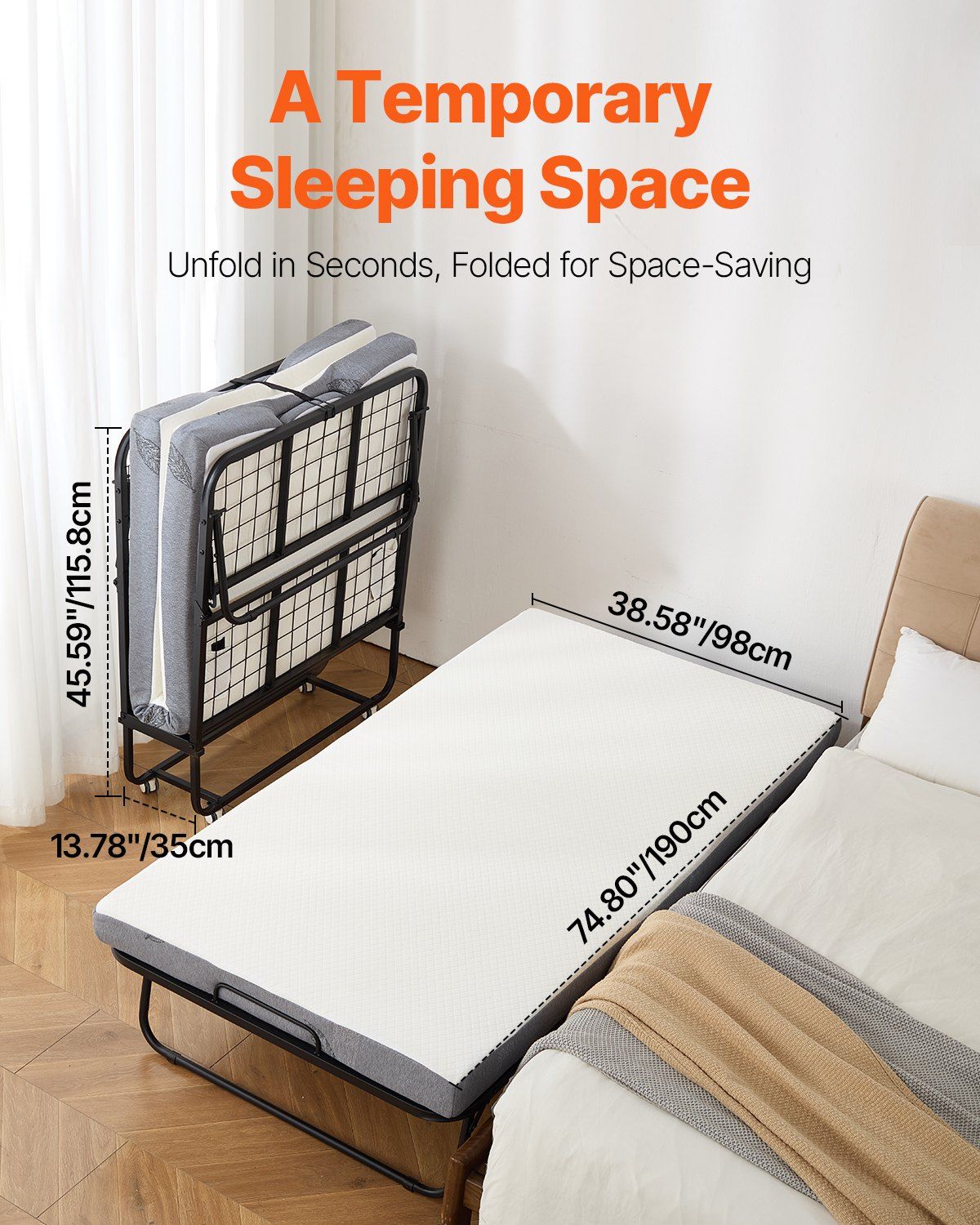 Rollaway Bed, 96.5 cm x 190 cm Folding Bed with 10 cm Mattress, Twin Size Foldable Bed with Sturdy Metal V952-ZDC38YC4INCHYORRBV0