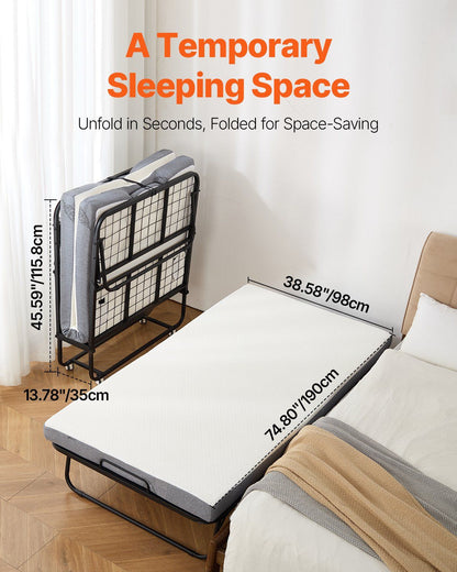Rollaway Bed, 96.5 cm x 190 cm Folding Bed with 10 cm Mattress, Twin Size Foldable Bed with Sturdy Metal V952-ZDC38YC4INCHYORRBV0