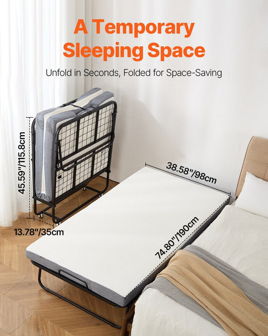 Rollaway Bed, 96.5 cm x 190 cm Folding Bed with 10 cm Mattress, Twin Size Foldable Bed with Sturdy Metal V952-ZDC38YC4INCHYORRBV0