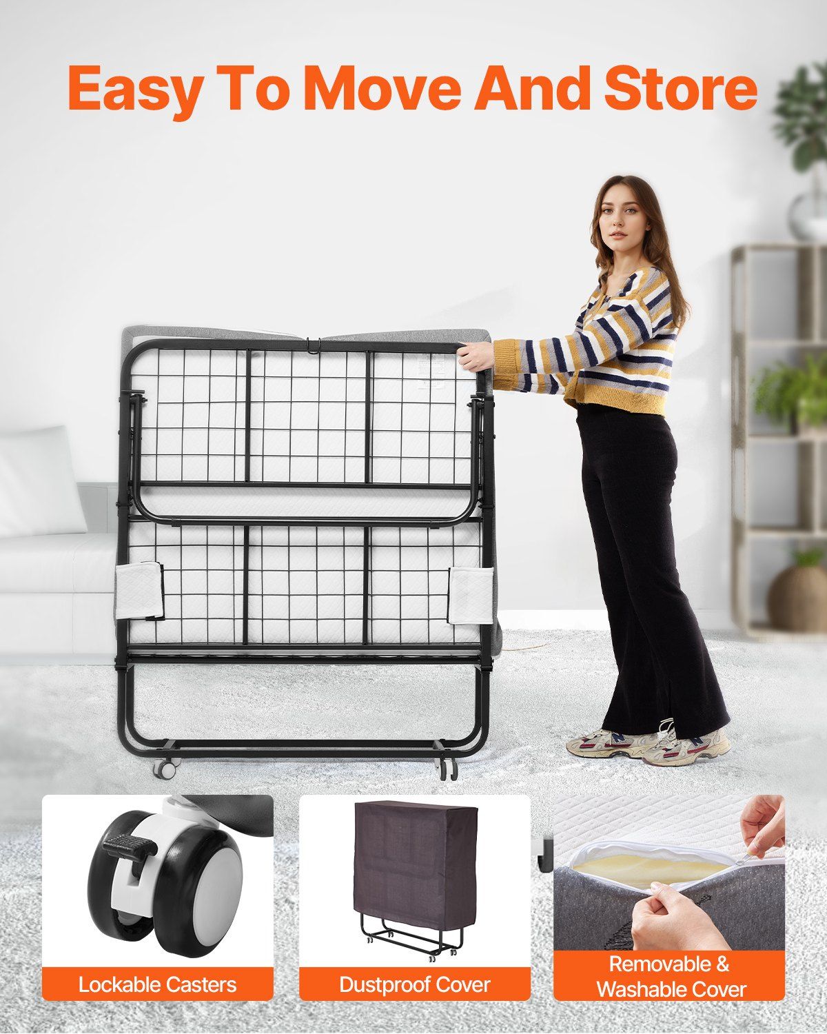 Rollaway Bed, 96.5 cm x 190 cm Folding Bed with 10 cm Mattress, Twin Size Foldable Bed with Sturdy Metal V952-ZDC38YC4INCHYORRBV0