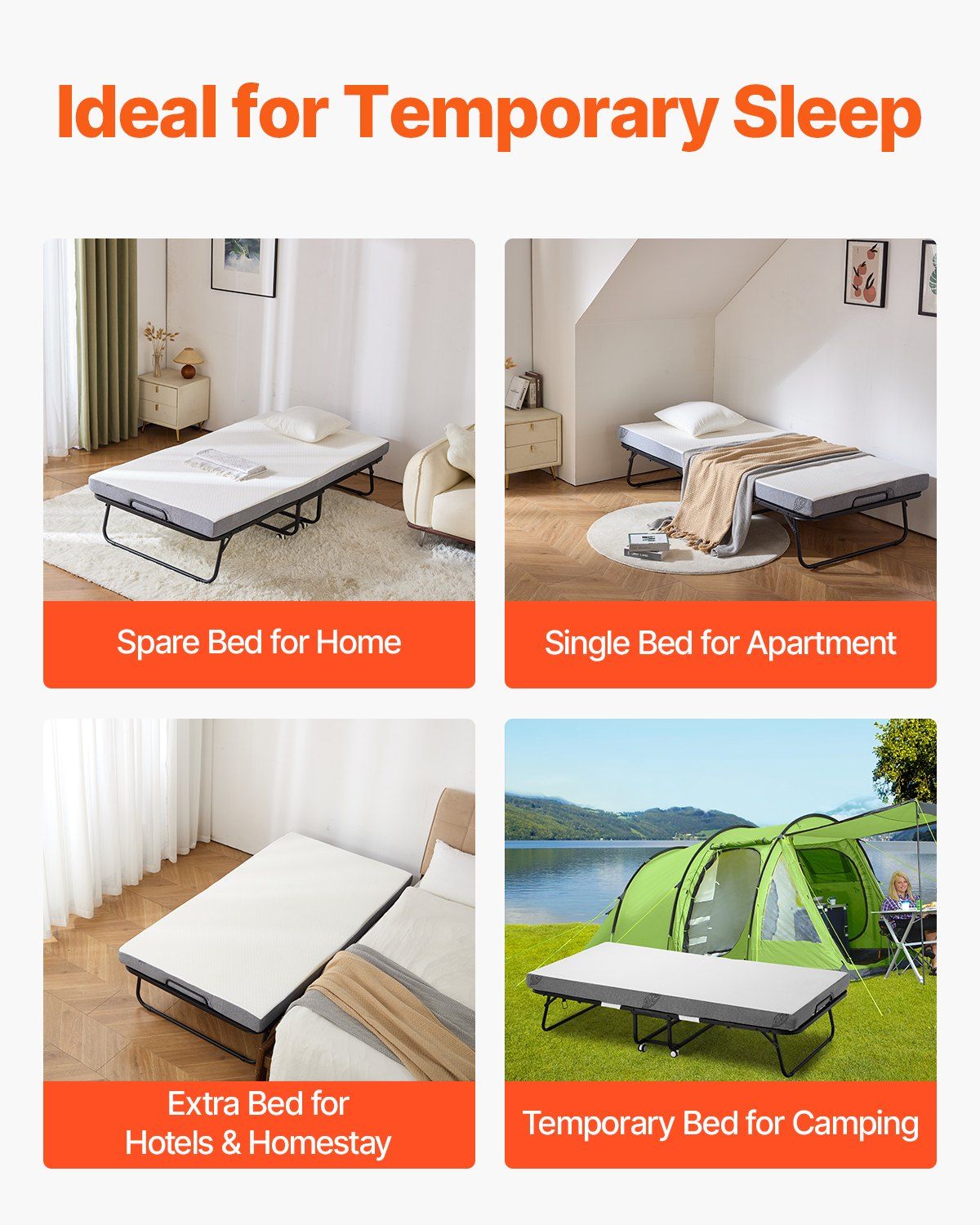 Rollaway Bed, 96.5 cm x 190 cm Folding Bed with 10 cm Mattress, Twin Size Foldable Bed with Sturdy Metal V952-ZDC38YC4INCHYORRBV0