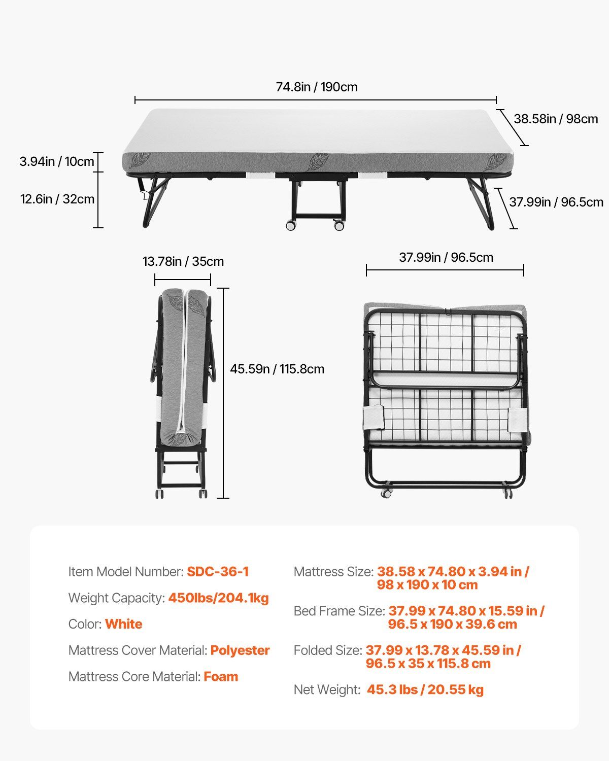 Rollaway Bed, 96.5 cm x 190 cm Folding Bed with 10 cm Mattress, Twin Size Foldable Bed with Sturdy Metal V952-ZDC38YC4INCHYORRBV0