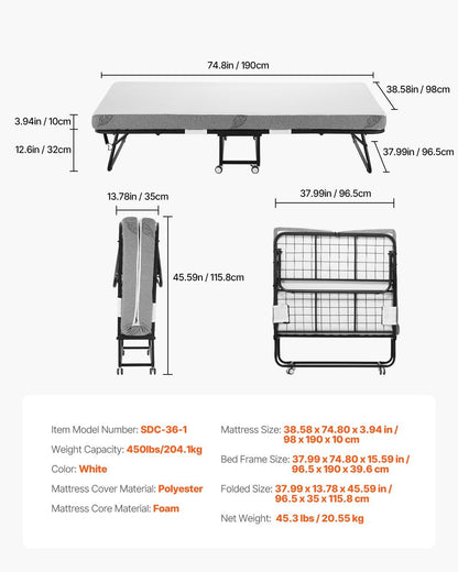 Rollaway Bed, 96.5 cm x 190 cm Folding Bed with 10 cm Mattress, Twin Size Foldable Bed with Sturdy Metal V952-ZDC38YC4INCHYORRBV0