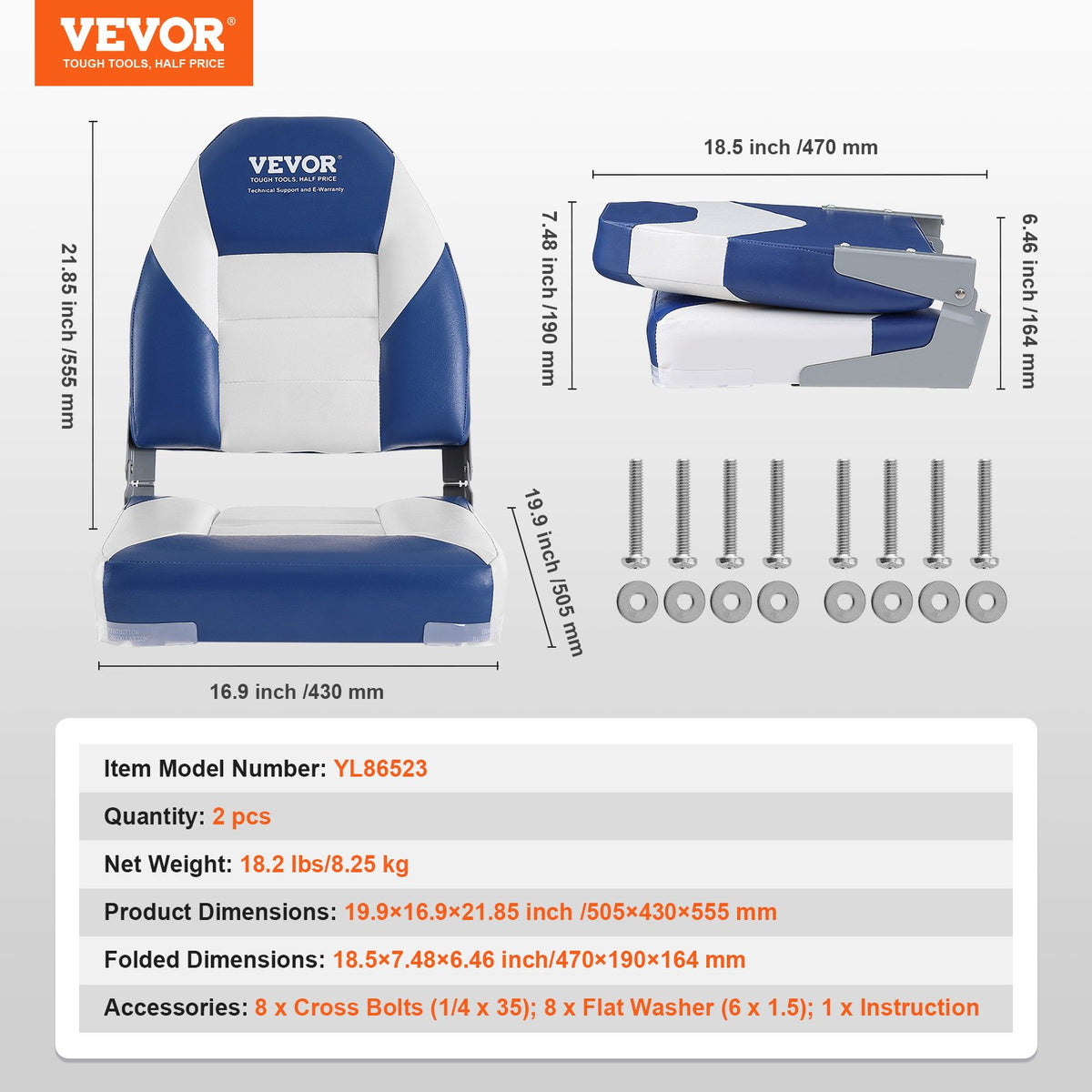 Boat Seats, 555 mm High Back Boat Seat, Folding Boat Chair with Thickened Sponge Padding and Hinge, Fold-Down V952-ZDCZYGKB2J00F5L1EV0