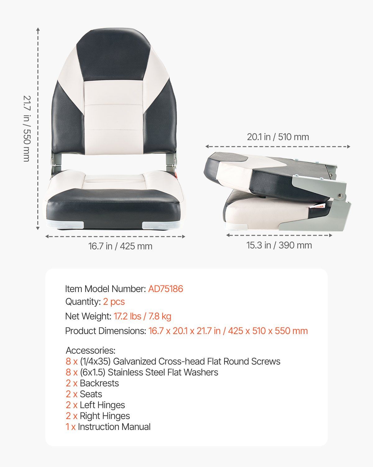 Boat Seat, High Backrest, Folding Fishing Boat Seat with Thickened Sponge Cushion & Waterproof PVC Leather, V952-ZDCZYGKB2JHHOSF4P001V0