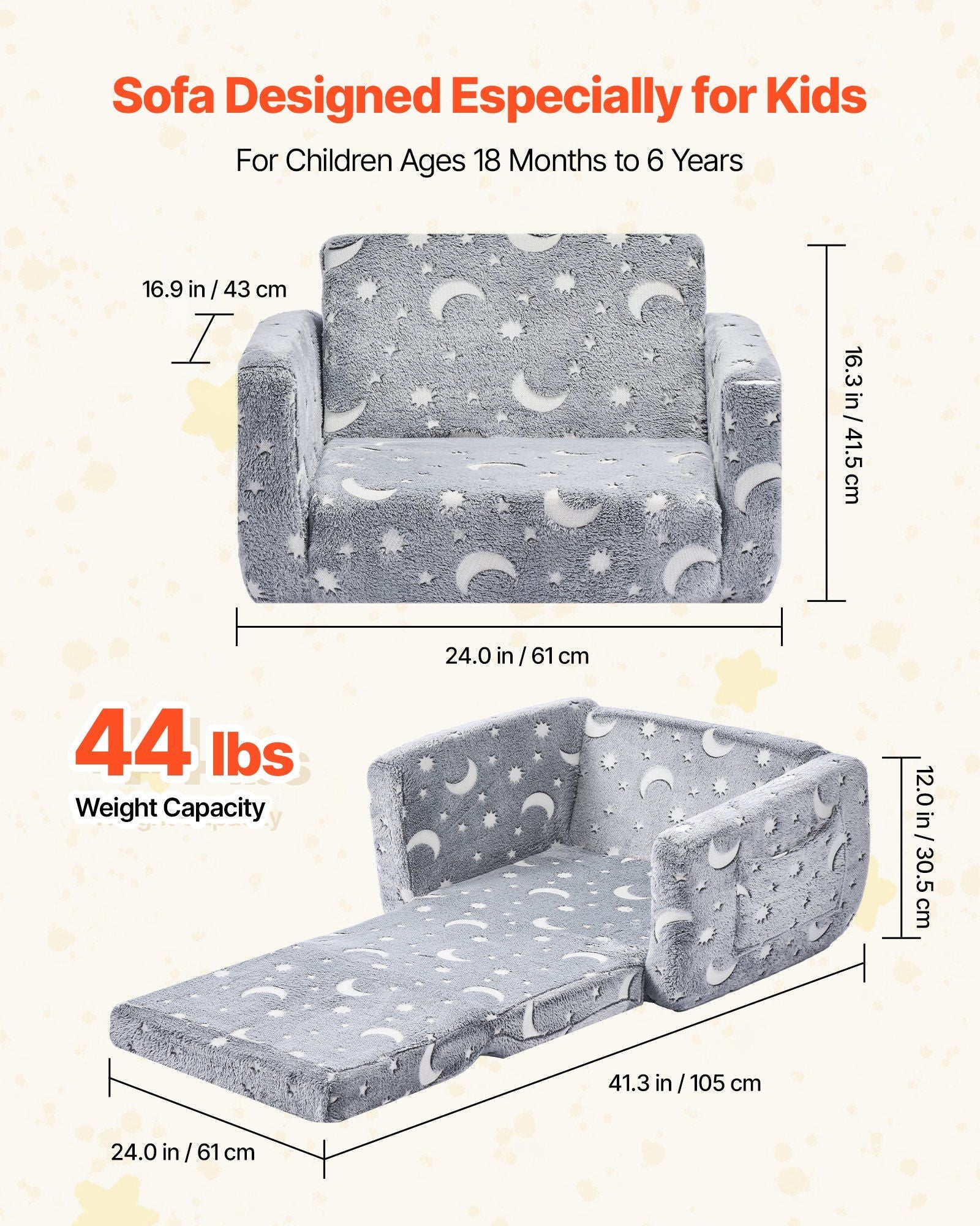 2-in-1 Kids Sofa, Foldable Toddler Soft Couch with Armrests, Glow in the Dark Kids Couch Fold Out with 28D V952-ZDETSFHSTAZMPAV8I001V0