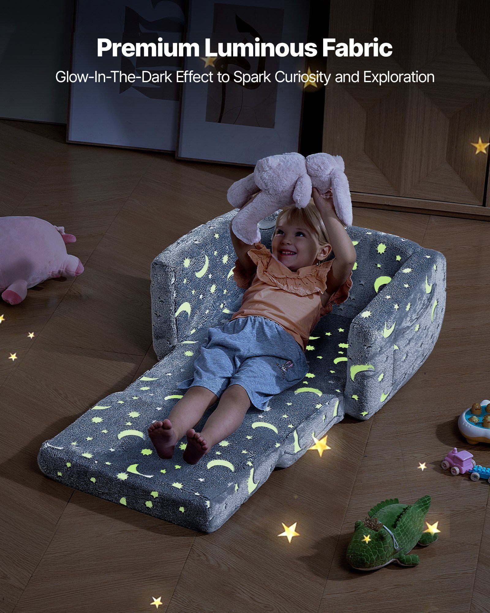 2-in-1 Kids Sofa, Foldable Toddler Soft Couch with Armrests, Glow in the Dark Kids Couch Fold Out with 28D V952-ZDETSFHSTAZMPAV8I001V0