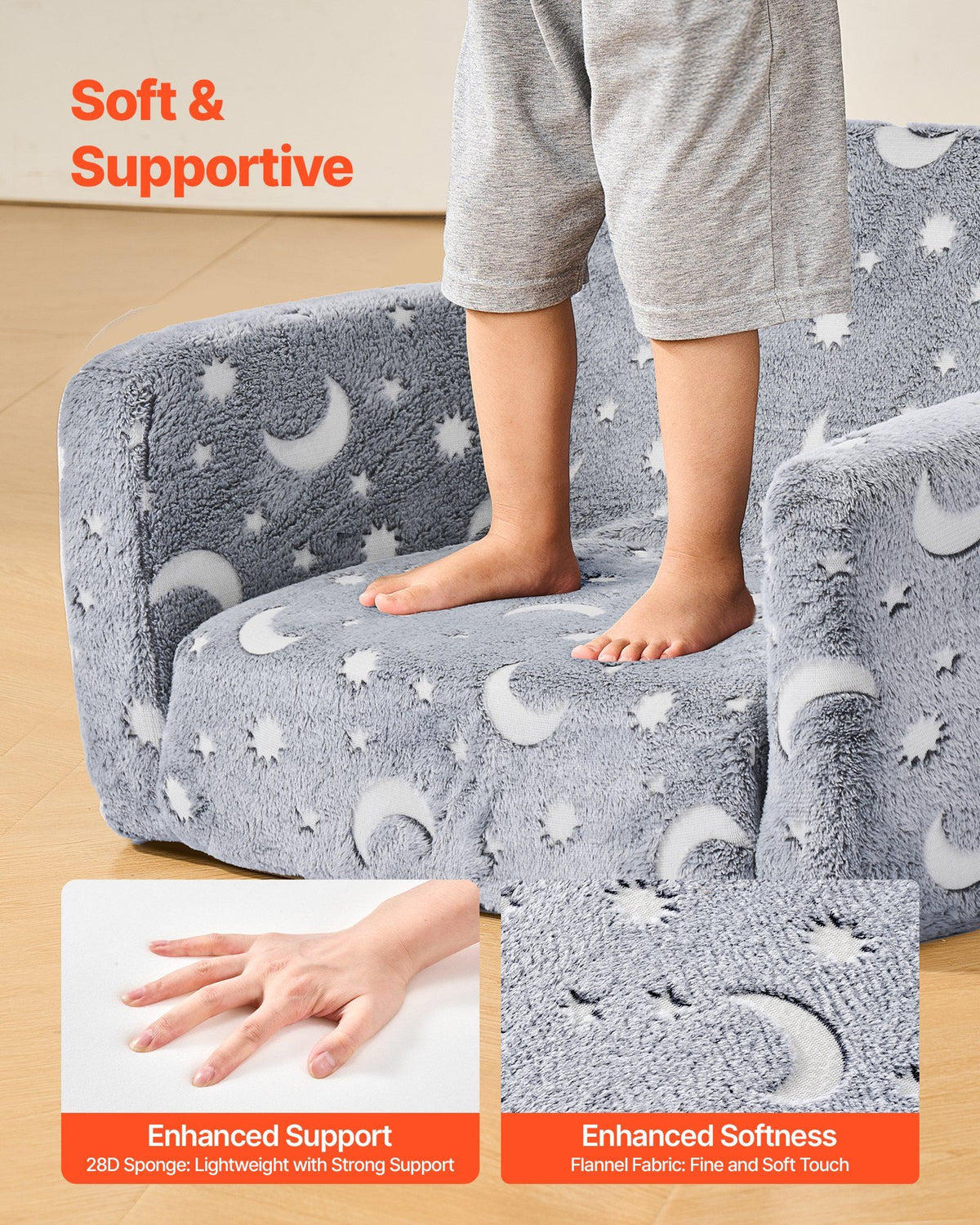 2-in-1 Kids Sofa, Foldable Toddler Soft Couch with Armrests, Glow in the Dark Kids Couch Fold Out with 28D V952-ZDETSFHSTAZMPAV8I001V0