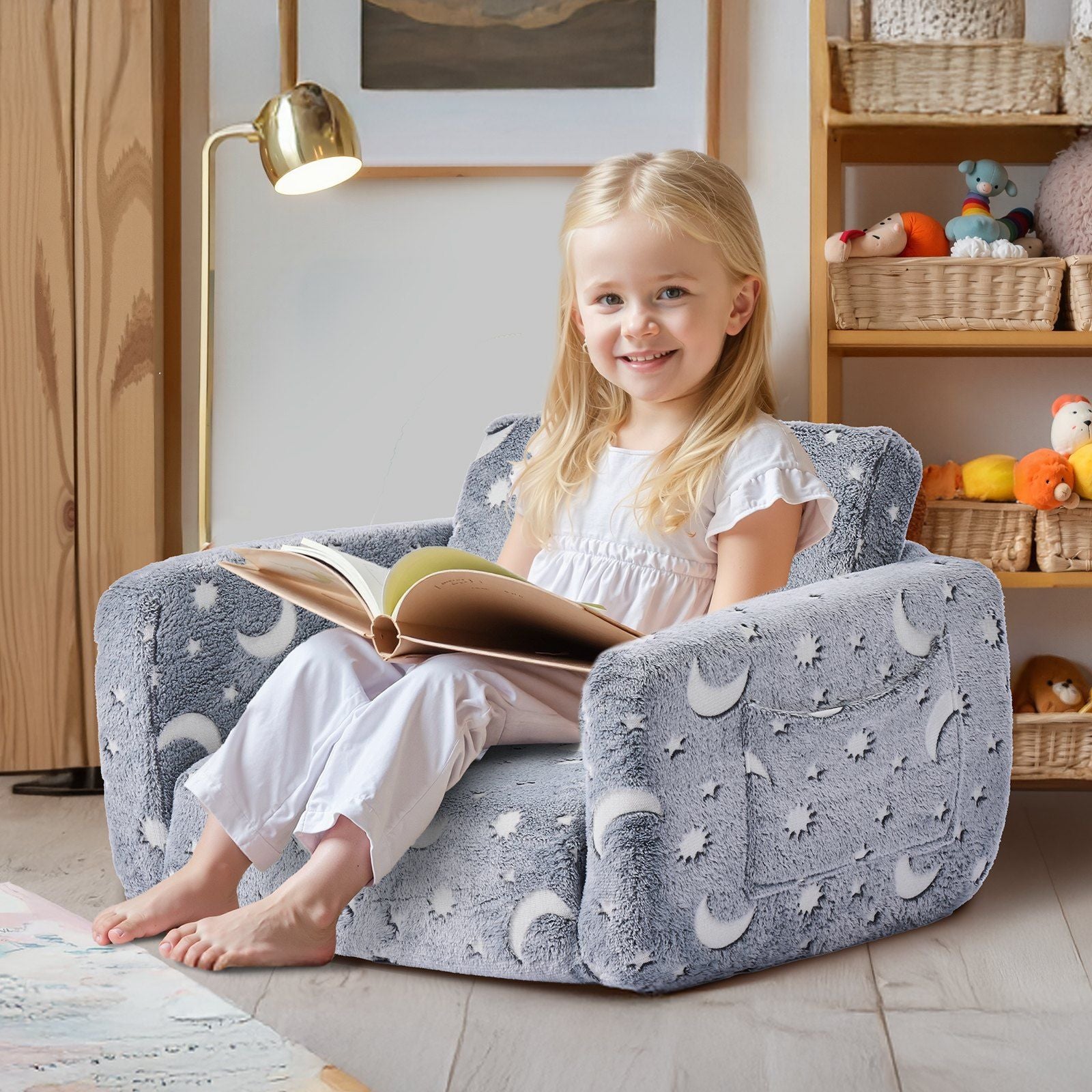 2-in-1 Kids Sofa, Foldable Toddler Soft Couch with Armrests, Glow in the Dark Kids Couch Fold Out with 28D V952-ZDETSFHSTAZMPAV8I001V0