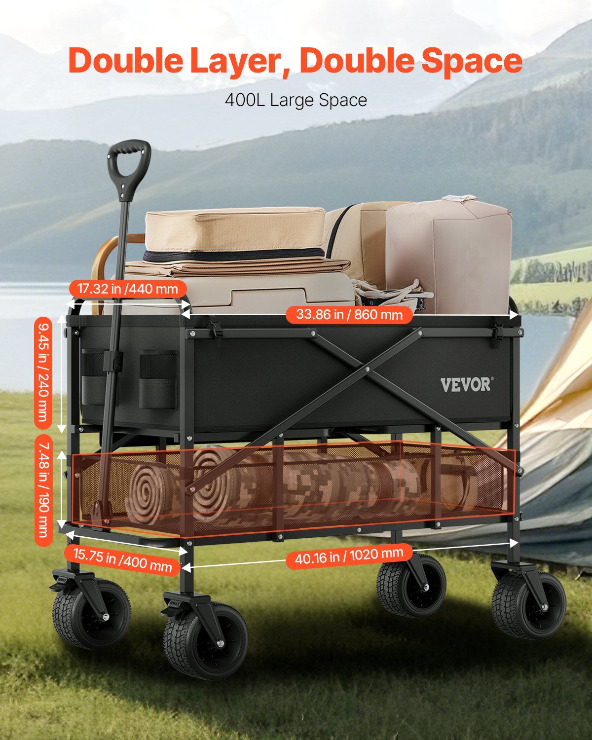 Double Decker Wagon Collapsible, 400L Heavy Duty Folding Wagon Cart, Extended Long Garden Cart with V952-ZDHYBXSSTCHS4GGRTV0