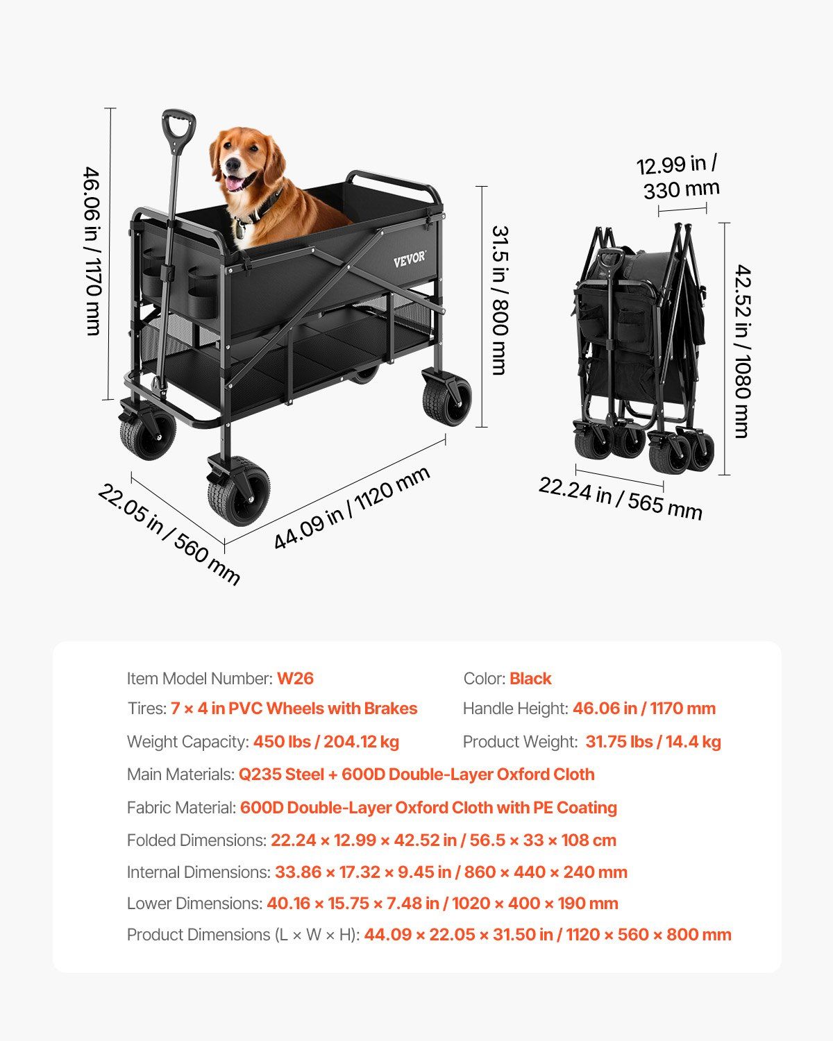 Double Decker Wagon Collapsible, 400L Heavy Duty Folding Wagon Cart, Extended Long Garden Cart with V952-ZDHYBXSSTCHS4GGRTV0