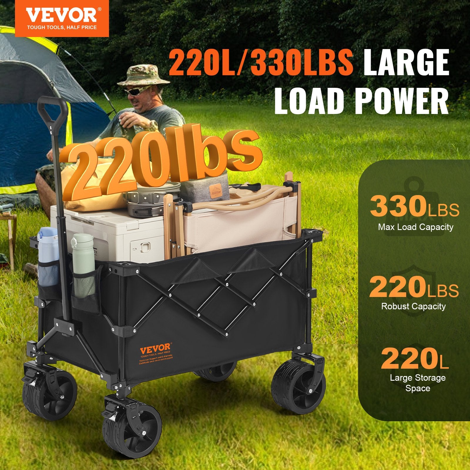 Collapsible Folding Wagon, 220 L Beach Wagon Cart with All-Terrain Wheels, Heavy Duty Folding Wagon Cart Max V952-ZDHYBXSSTCHSUI4Z5V0