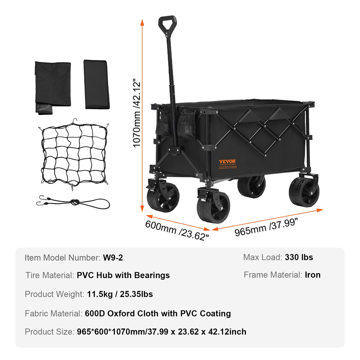 Collapsible Folding Wagon, 220 L Beach Wagon Cart with All-Terrain Wheels, Heavy Duty Folding Wagon Cart Max V952-ZDHYBXSSTCHSUI4Z5V0