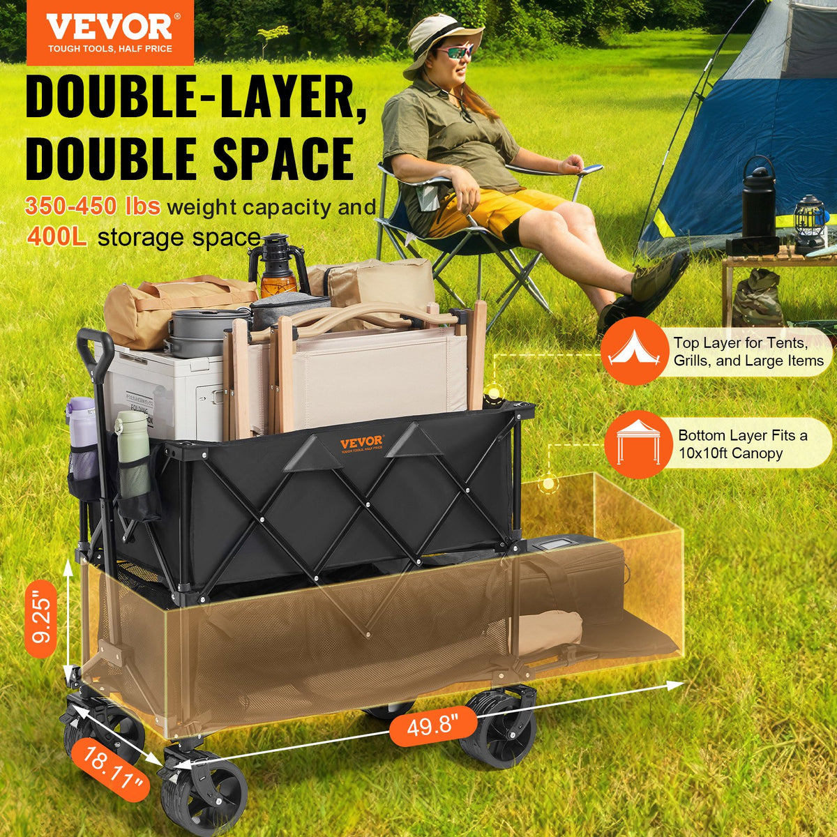 Foldable Double Decker Wagon, 400L Collapsible Wagon Cart with All-Terrain Wheels, Heavy Duty Folding Wagon V952-ZDHYBXSSTCHSXALL9V0