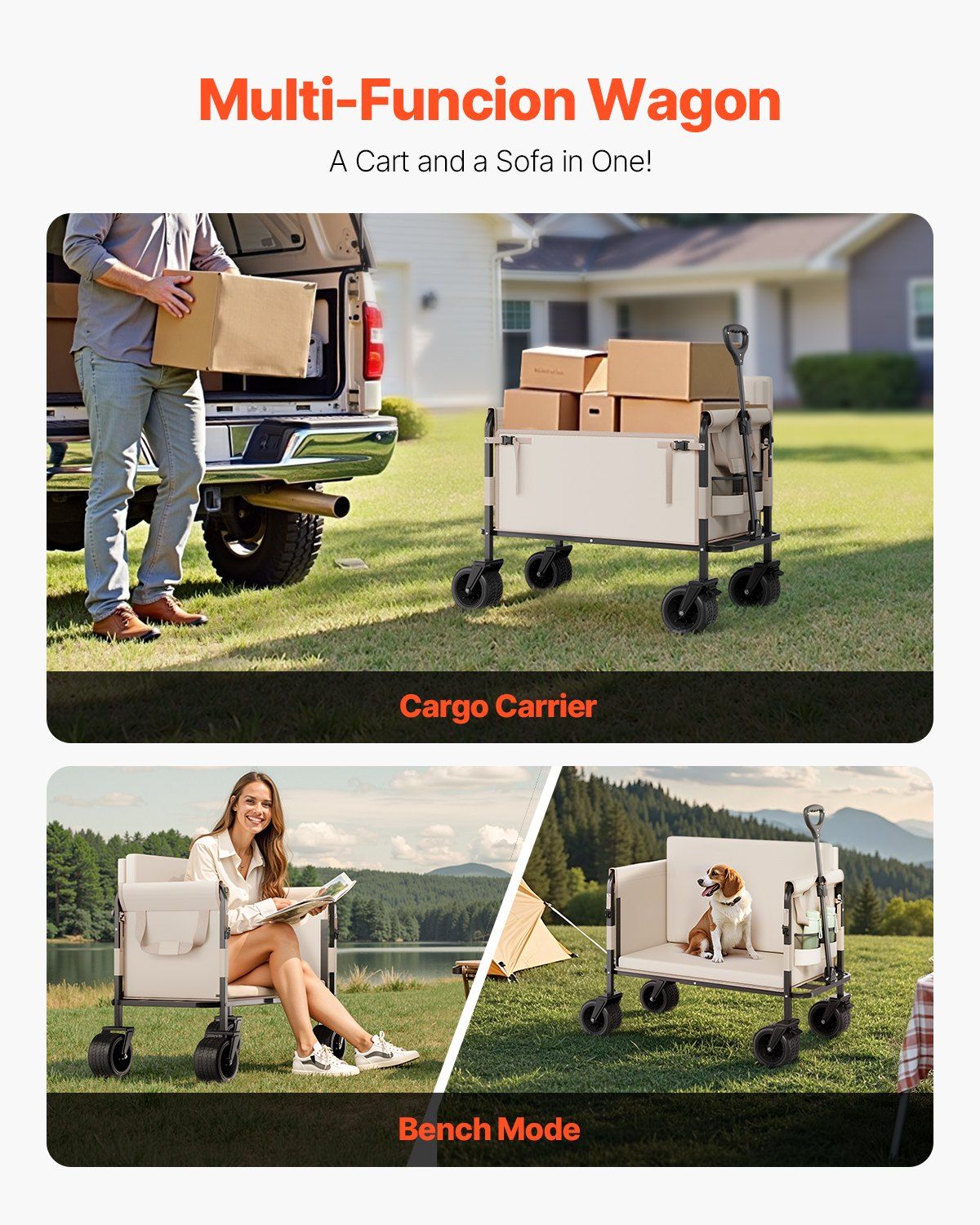 Collapsible Folding Wagon, 550lb Load & 220L, 2 in 1 Foldable Wagon Cart Converts to Bench, Utility Wagon V952-ZDHYBXSSTCHSZ4NS1V0