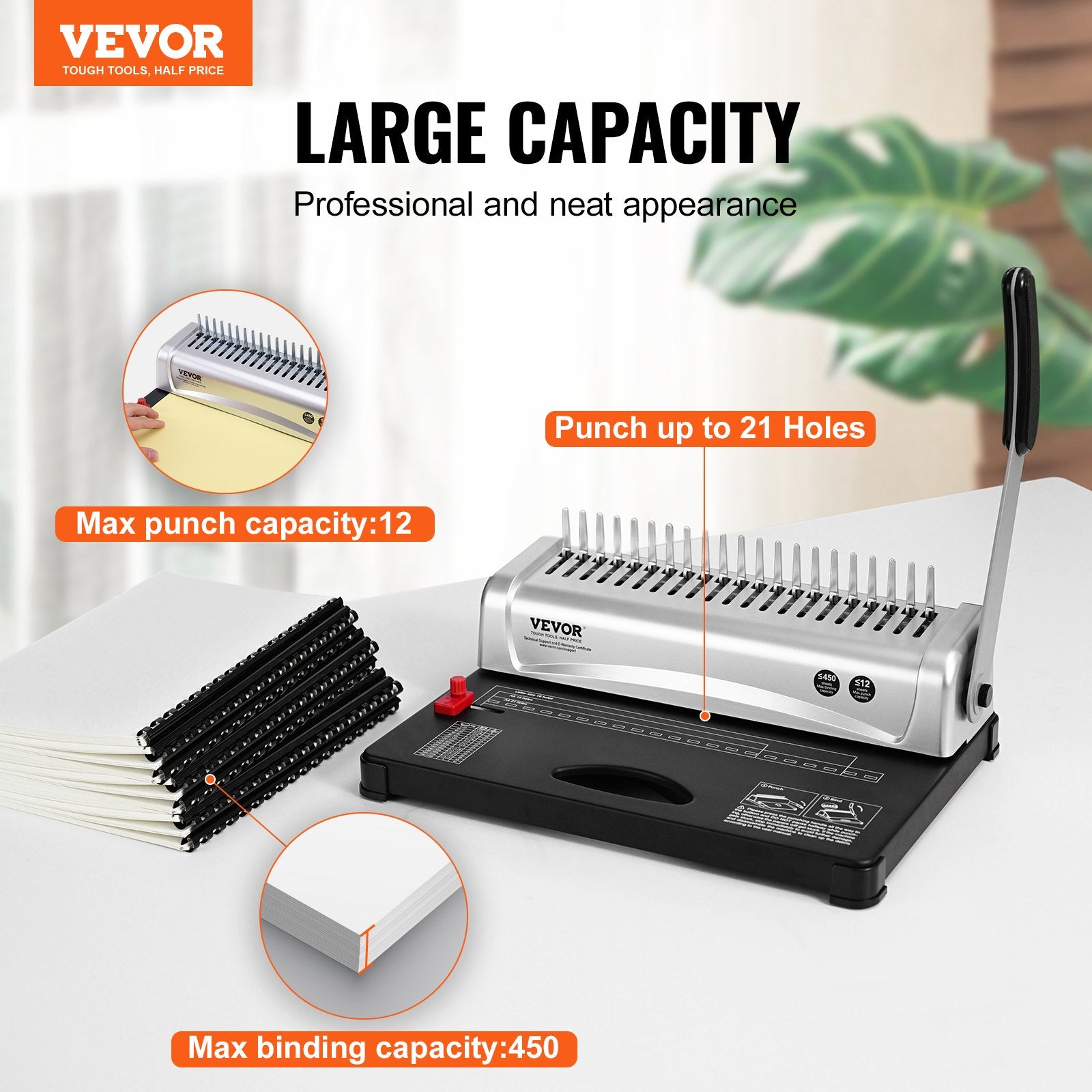 Binding Machine, Comb Binding Machine 21-Holes Binding 450 Sheets, Book Binder Machine with 100 PCS 3/8'' V952-ZDJ20SSSD210BTS1FV0