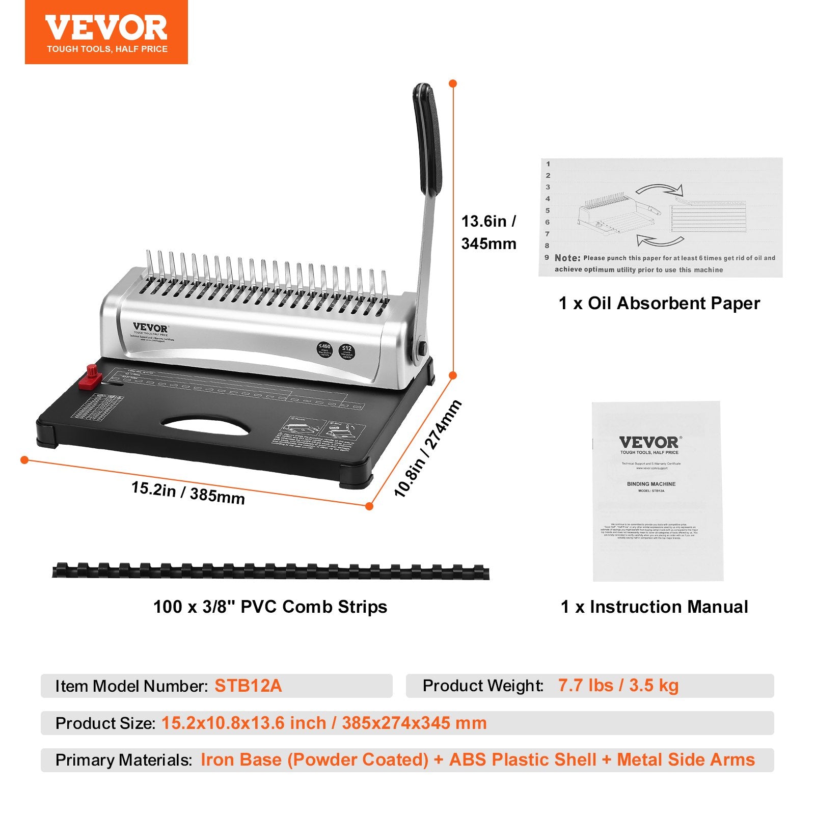 Binding Machine, Comb Binding Machine 21-Holes Binding 450 Sheets, Book Binder Machine with 100 PCS 3/8'' V952-ZDJ20SSSD210BTS1FV0