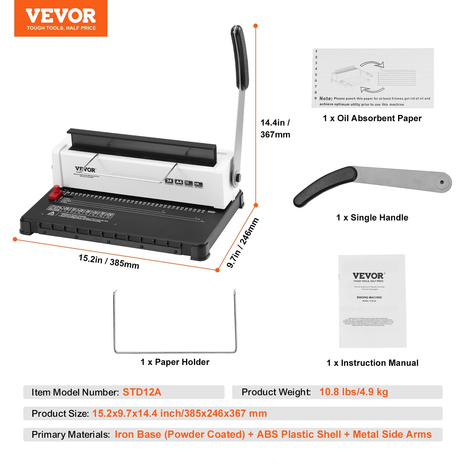 Coil Spiral Binding Machine, Manual Book Maker 34-Holes Binding 120 Sheets, Punch Binder with Adjustable Side V952-ZDJ20TQSSD32IJ2STV0